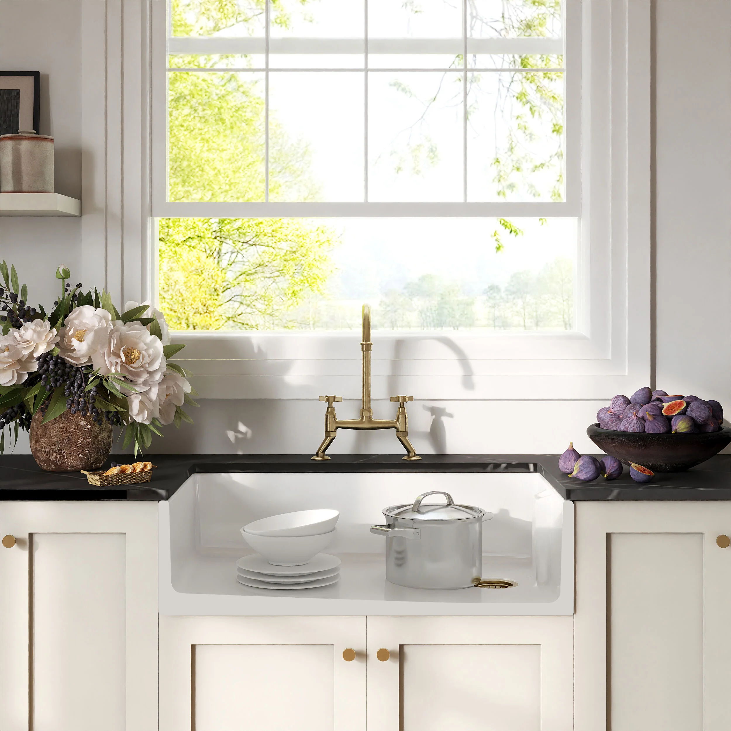 Traditional Fireclay Kitchen Bundle: Single Bowl Belfast Sink, Strainer Waste & Bridge Crosshead Mixer Tap, 895mm - Brushed Brass - Image 2