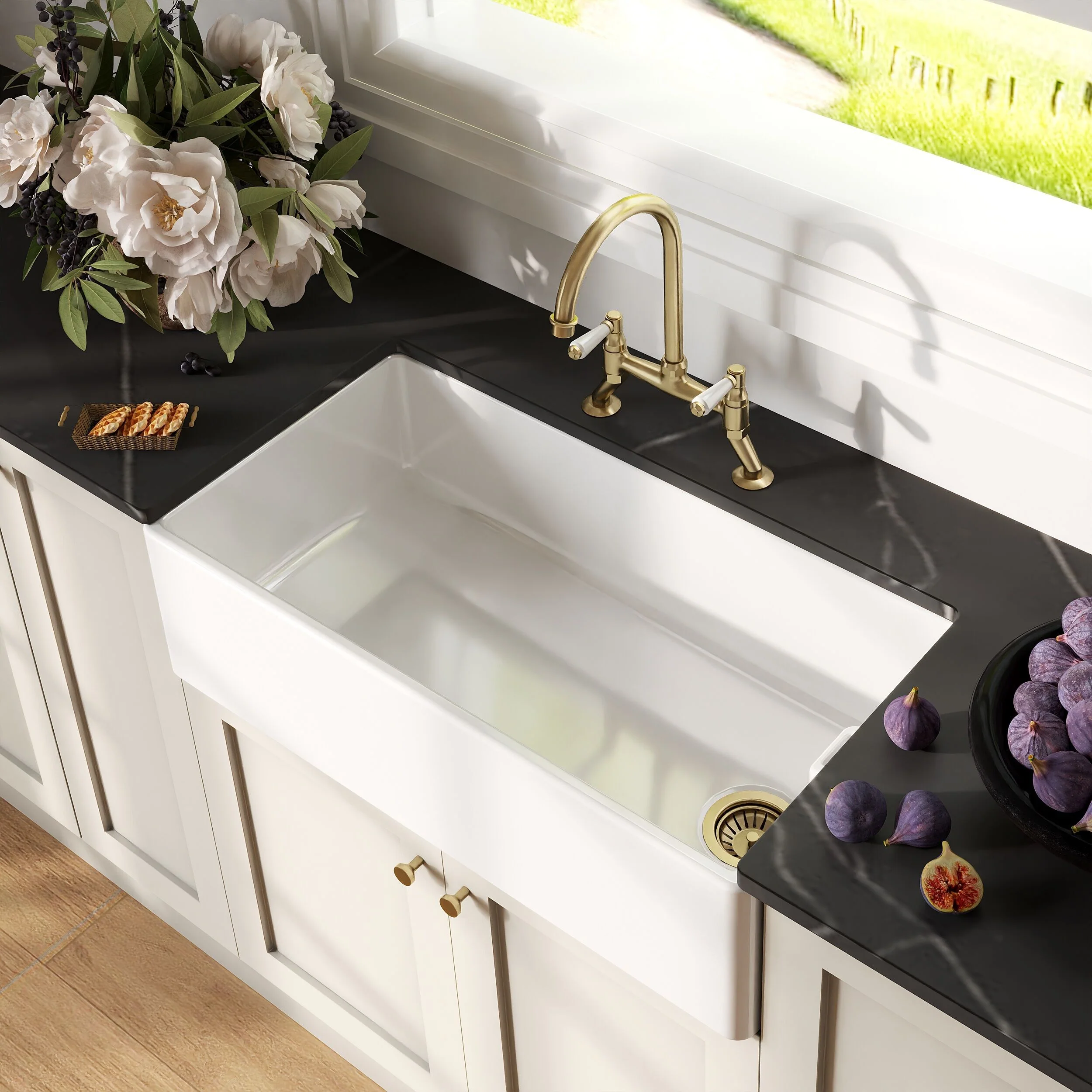 Traditional Fireclay Kitchen Bundle: 1 Bowl Belfast Sink with Strainer Waste & Bridge Lever Mixer Tap, 895mm - Brushed Brass - Image 3