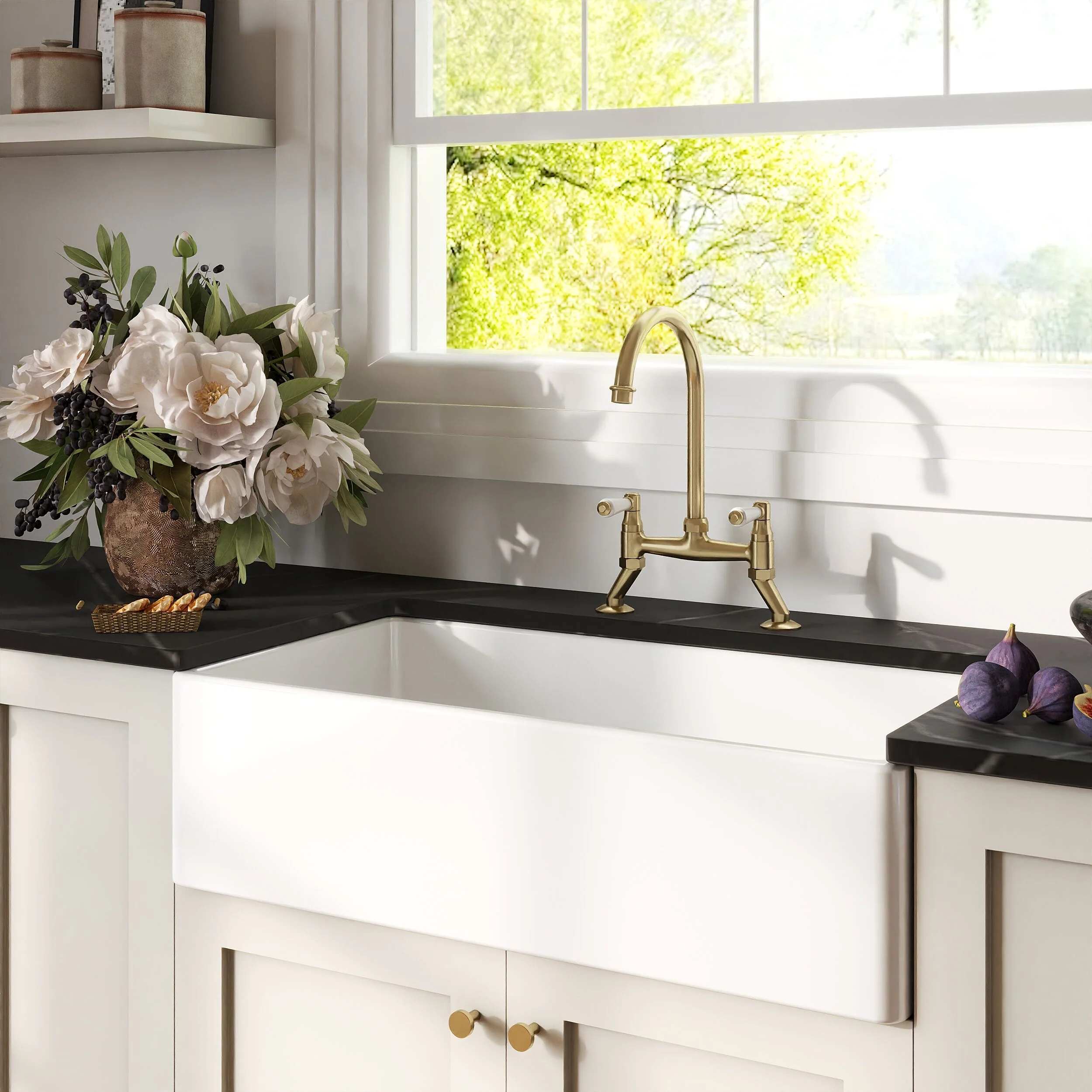 Traditional Fireclay Kitchen Bundle: 1 Bowl Belfast Sink with Strainer Waste & Bridge Lever Mixer Tap, 895mm - Brushed Brass - Image 4