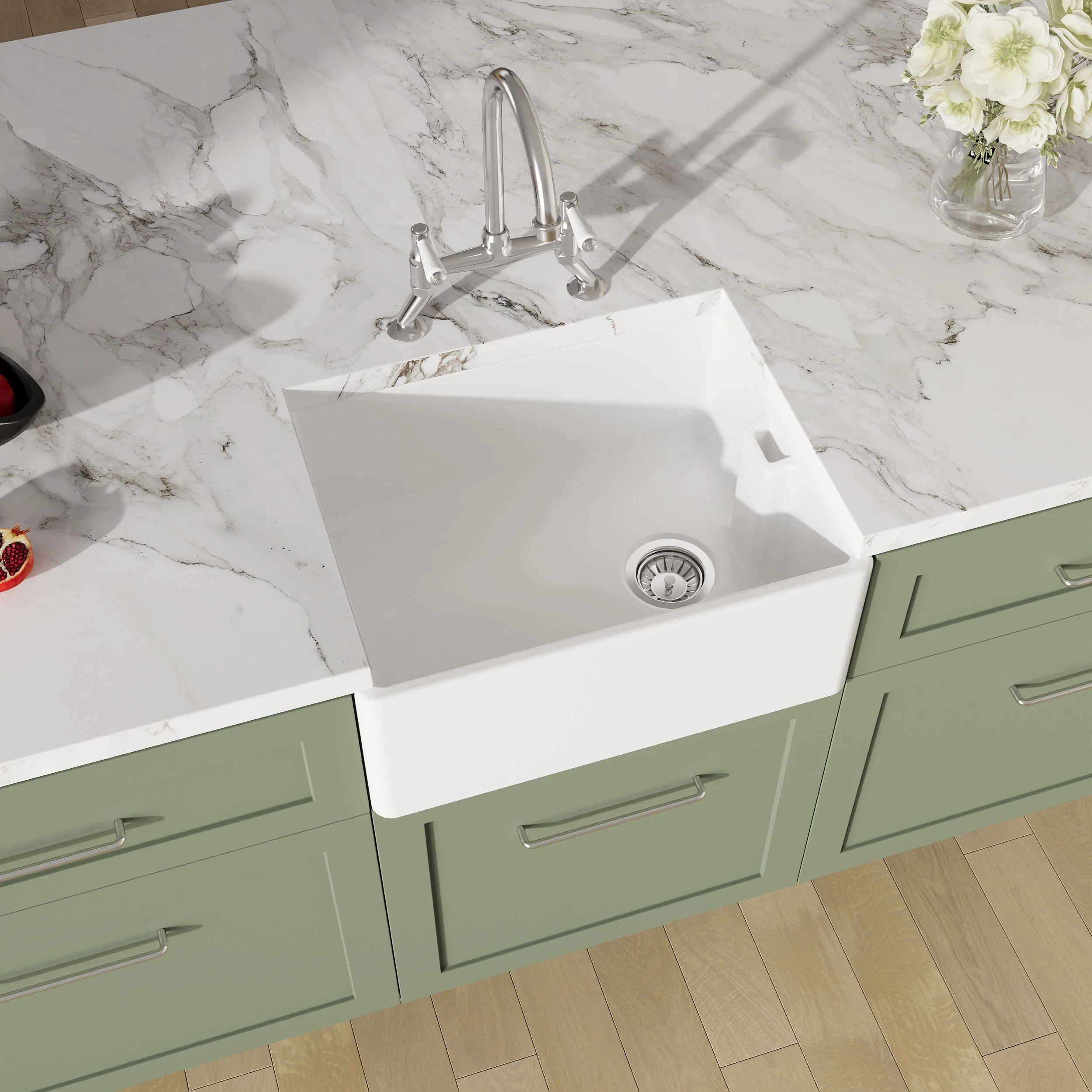 Traditional Fireclay Kitchen Bundle: Single Bowl Belfast Sink, Strainer Waste & Bridge Mixer Tap, 595mm - Chrome - Image 3
