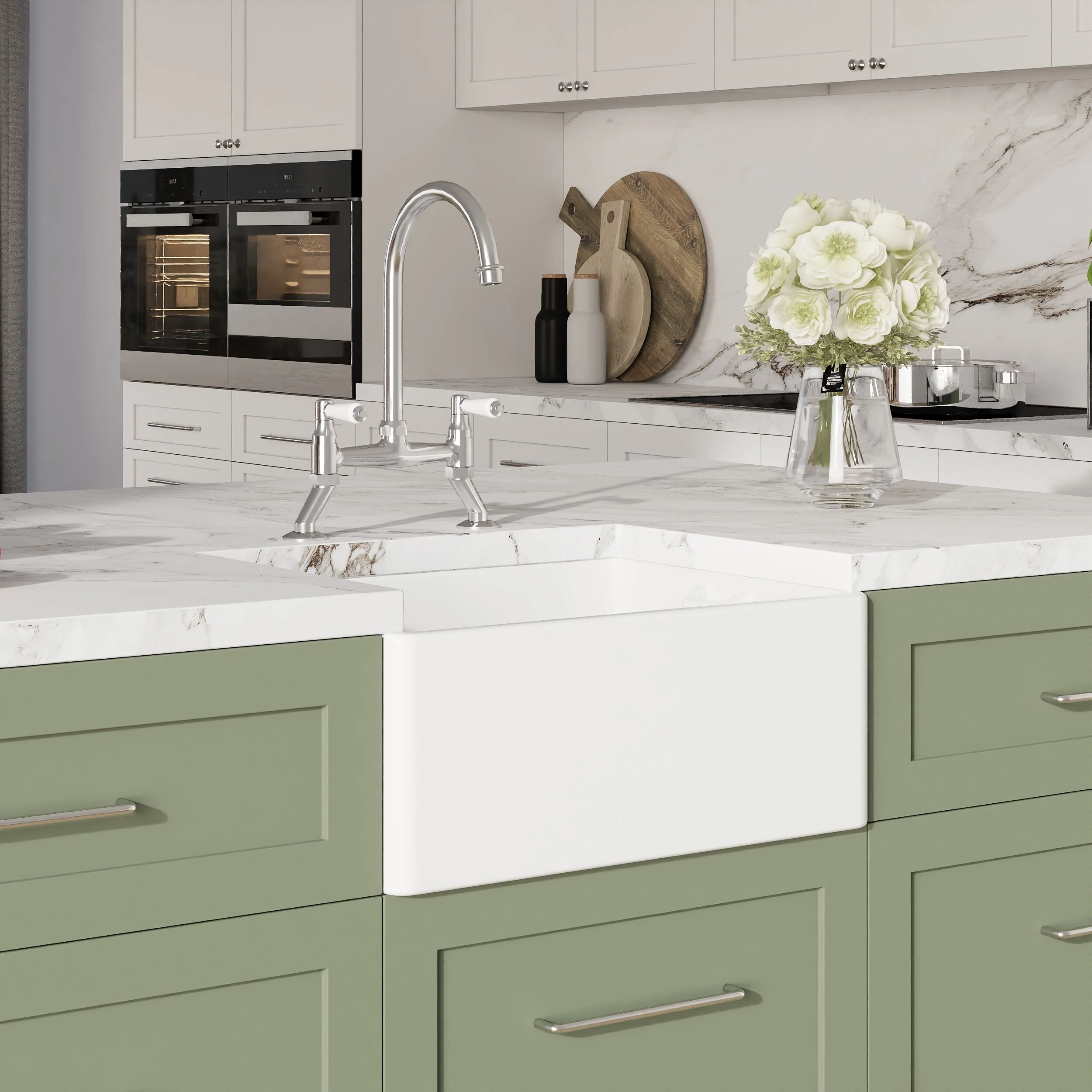 Traditional Fireclay Kitchen Bundle: Single Bowl Belfast Sink, Strainer Waste & Bridge Mixer Tap, 595mm - Chrome - Image 4