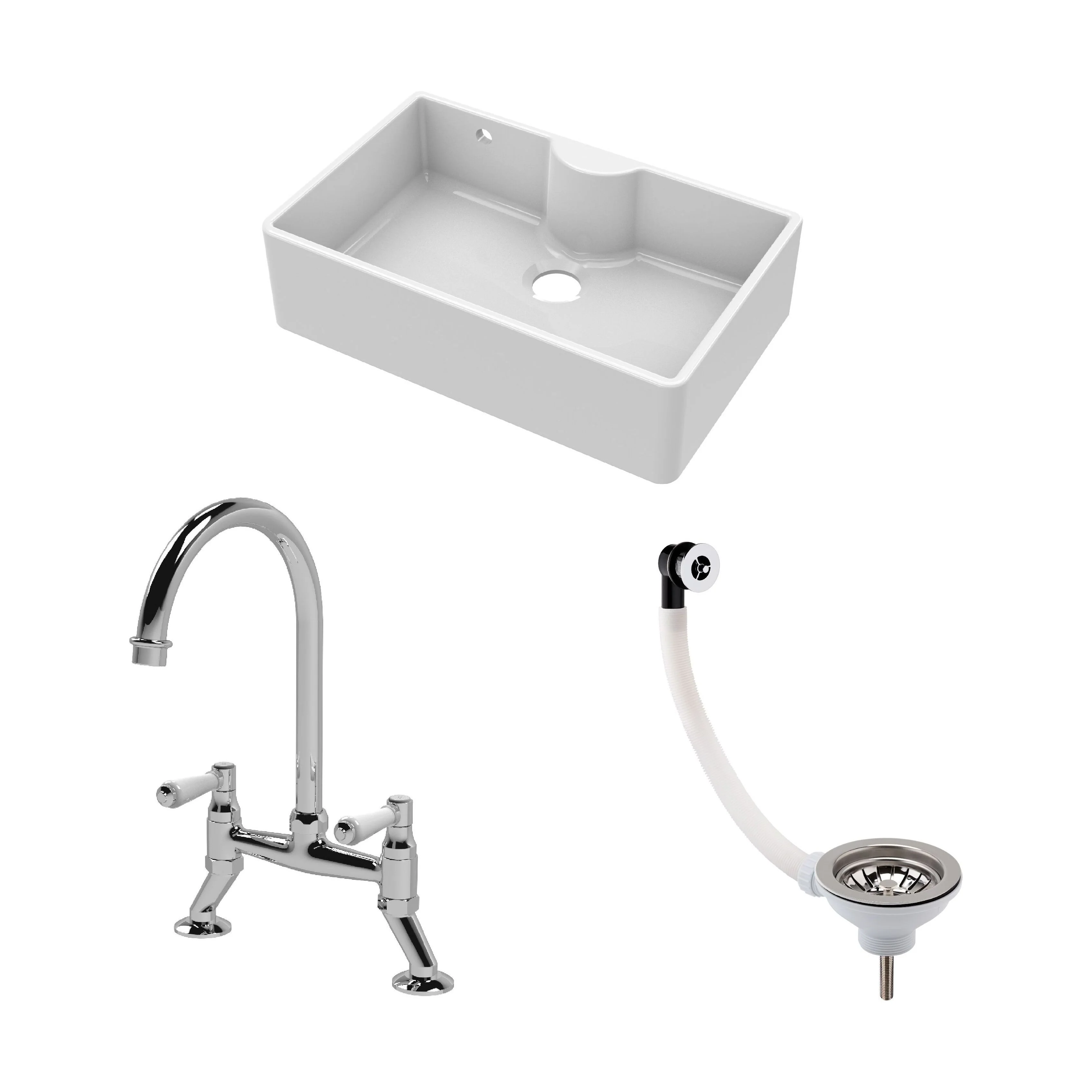 Traditional Fireclay Kitchen Bundle: 1 Bowl Butler Sink with Overflow & Ledge, Waste & Bridge Mixer Tap, 795mm - Chrome