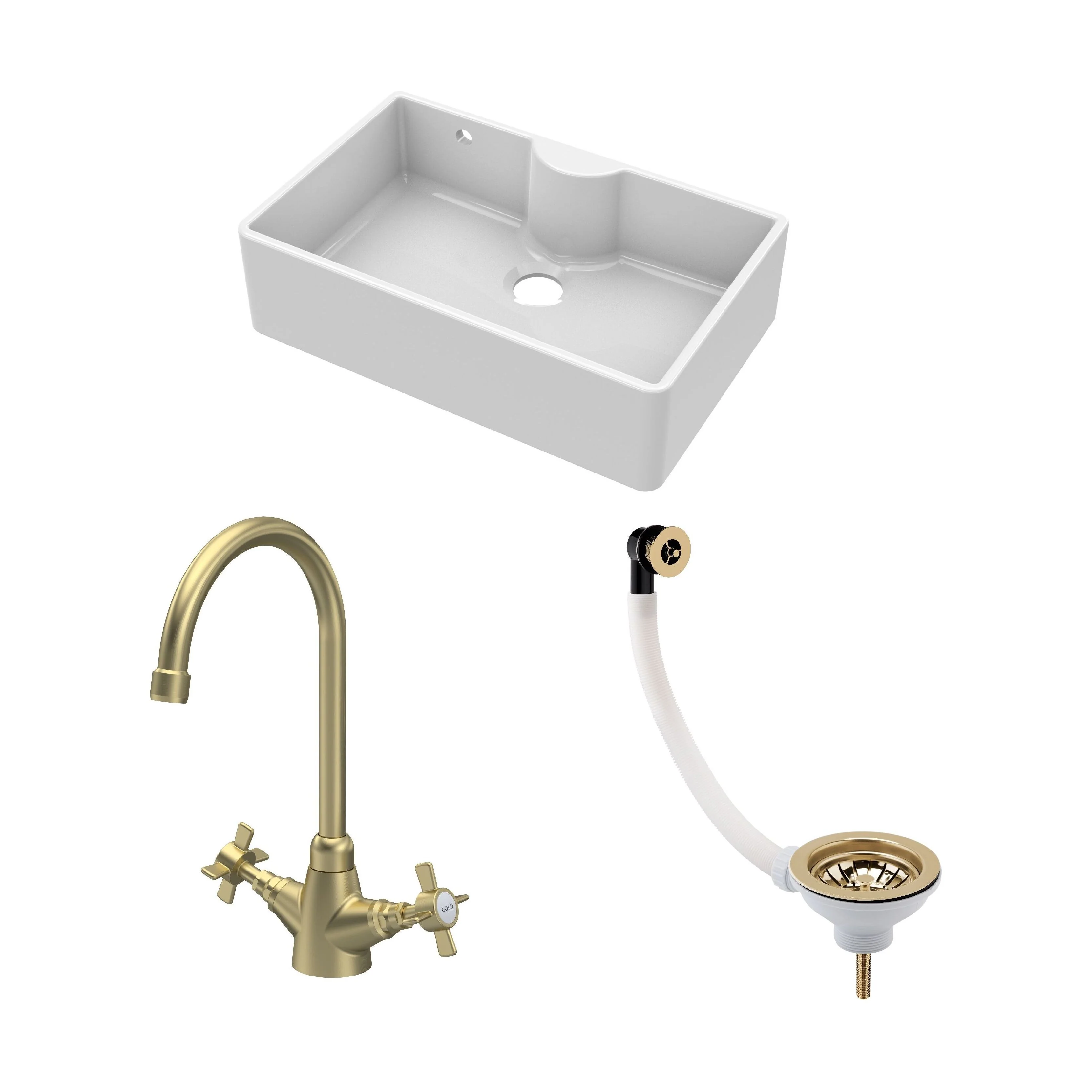 Traditional Fireclay Kitchen Bundle: 1 Bowl Butler Sink with Overflow & Ledge, Waste & Mono Tap, 795mm - Brushed Brass