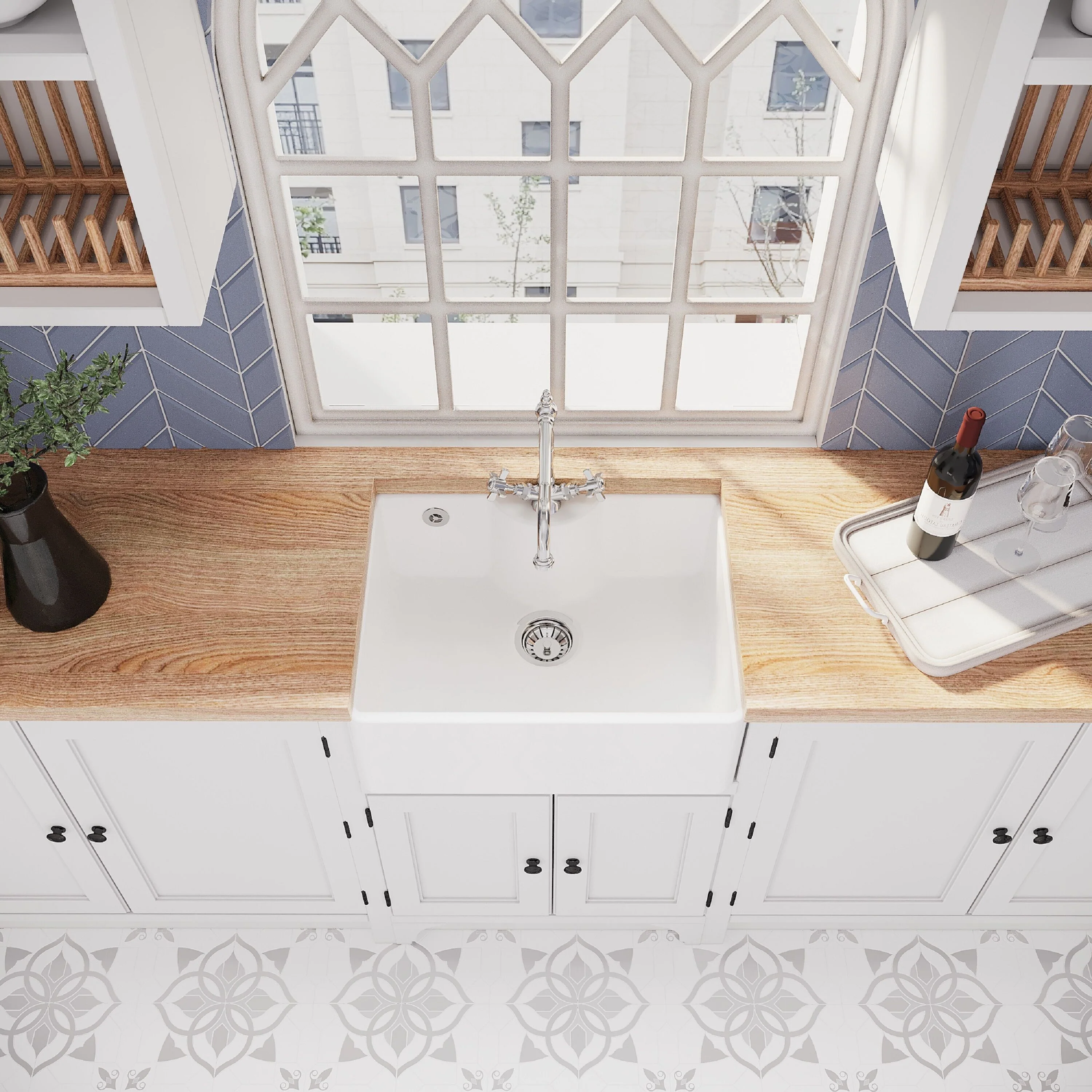 Single Bowl Fireclay Ceramic Butler Kitchen Sink Bundle with Tap Ledge, Overflow, Classic Tap & Waste - Image 3
