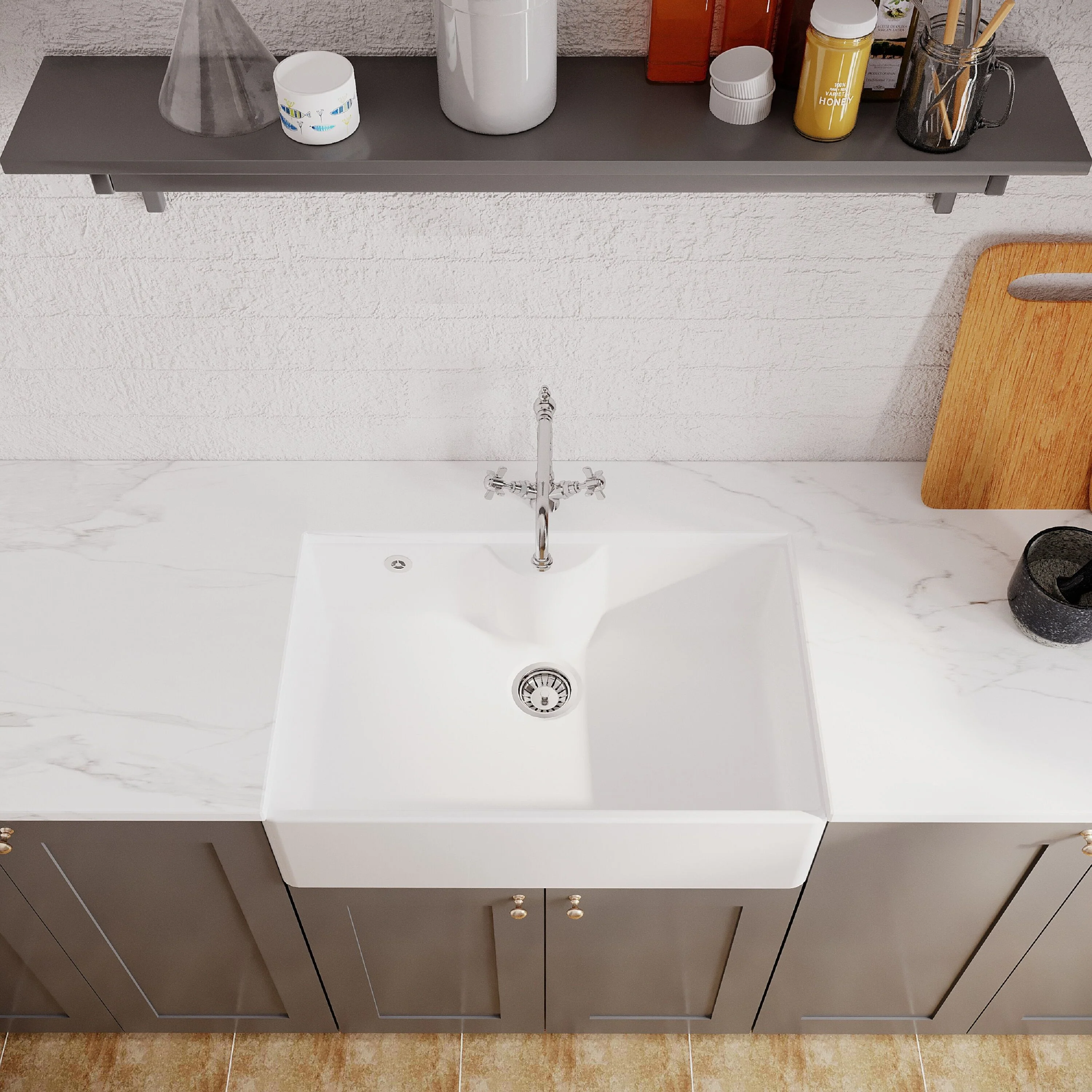 Single Bow Fireclay Ceramic Butler Kitchen Sink Bundle with Tap Ledge, French Classic Tap & Waste - Image 3