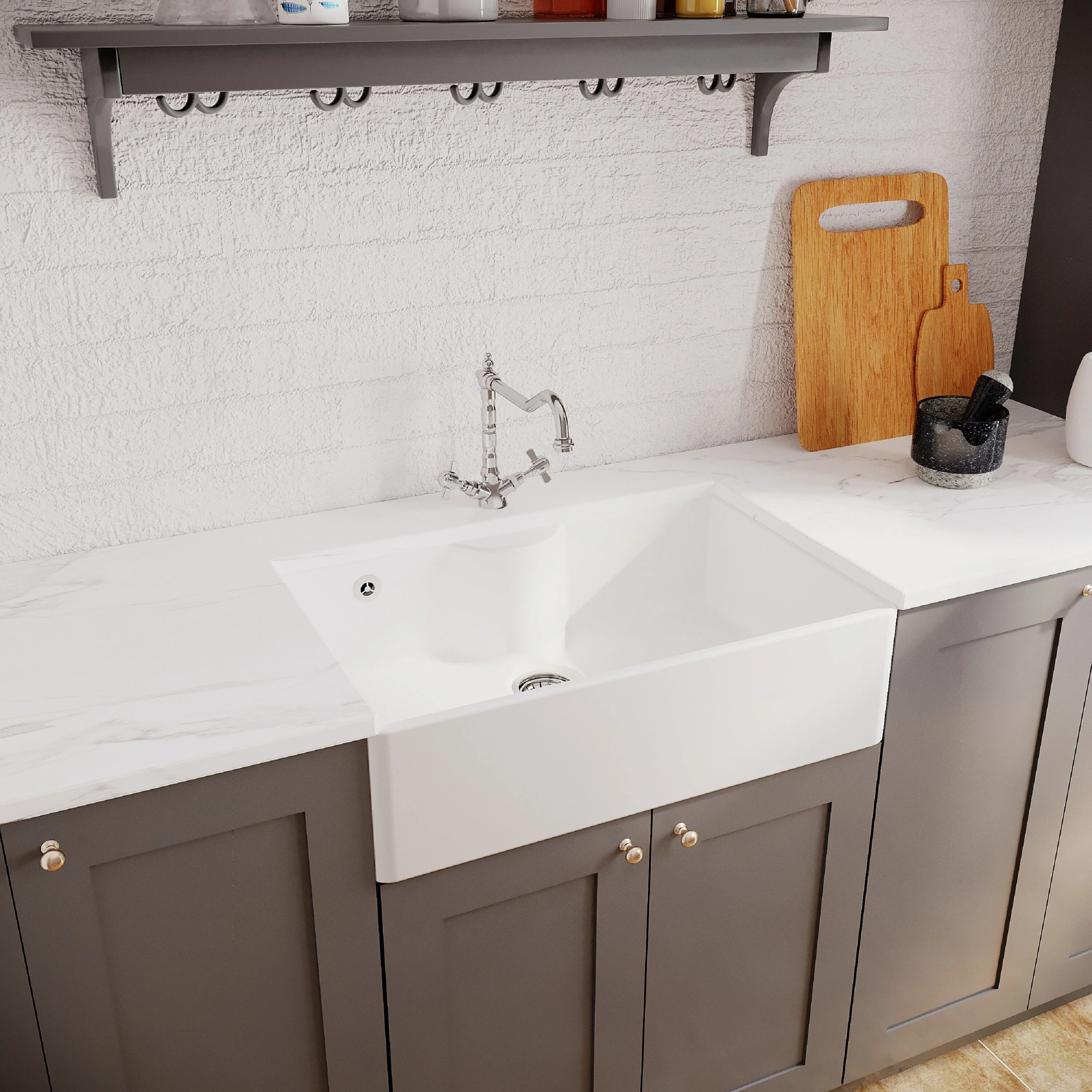 Single Bow Fireclay Ceramic Butler Kitchen Sink Bundle with Tap Ledge, French Classic Tap & Waste - Image 4