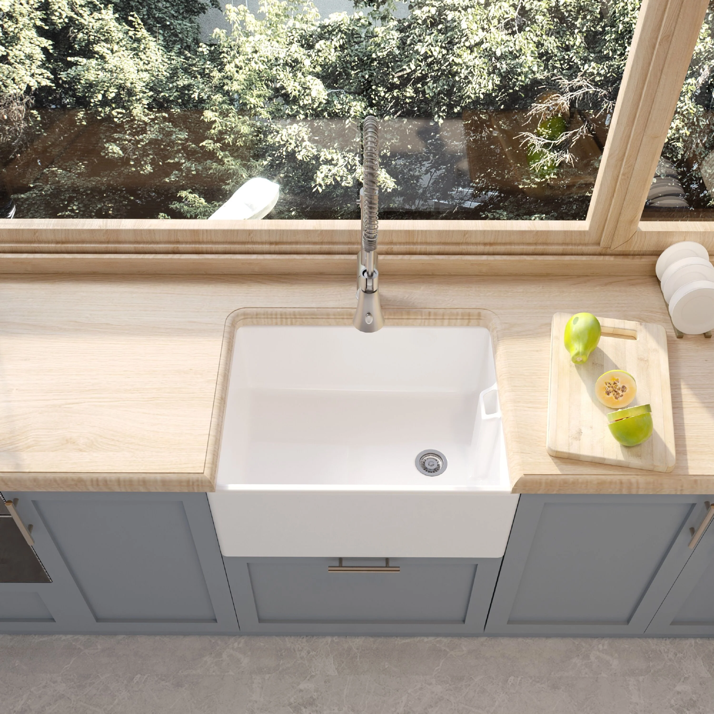 Single Bowl Fireclay Ceramic Belfast Kitchen Sink with Overflow - 615mm - Image 2