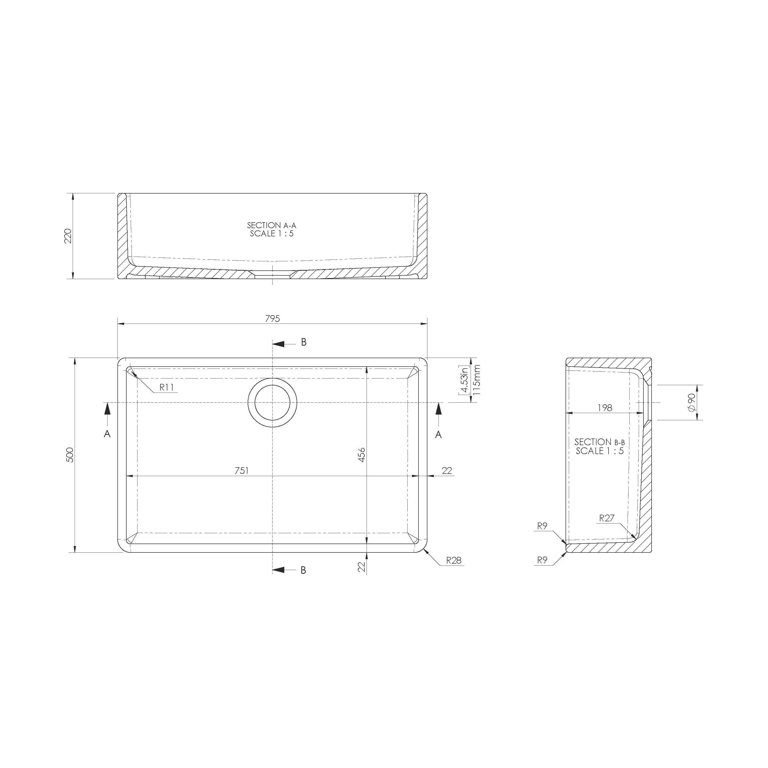 Single Bowl Fireclay Ceramic Butler Kitchen Sink with No Overflow & No Tap Hole - 795mm - Image 6