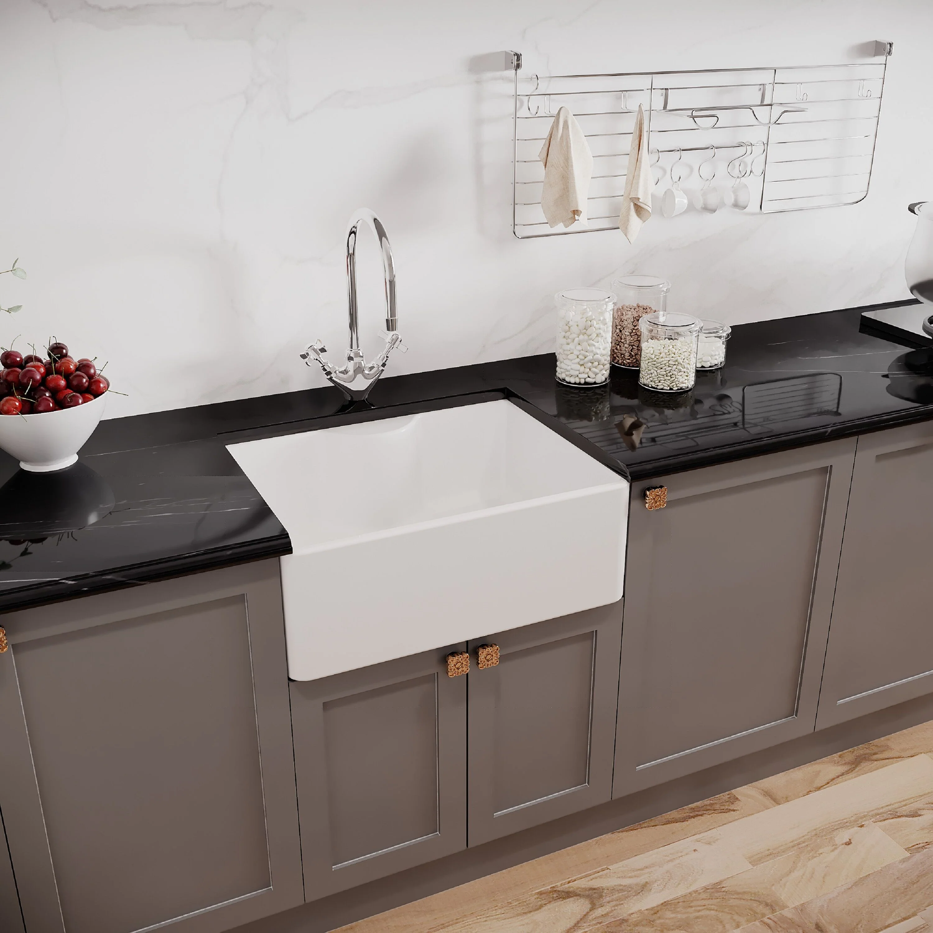 Single Bowl Fireclay Ceramic Butler Kitchen Sink Bundle with Tap Ledge, Mono Mixer Tap, & Waste - Image 4
