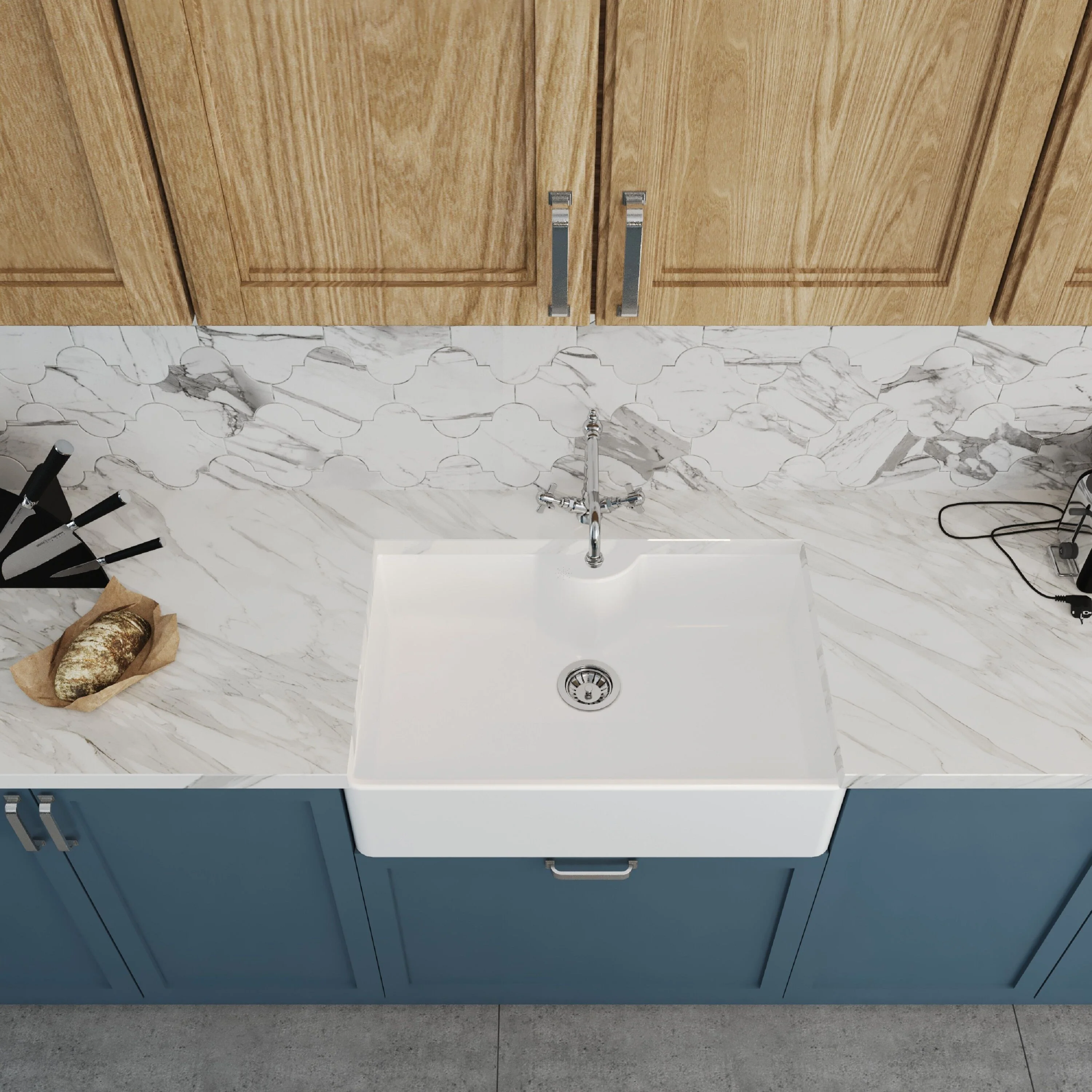 Single Bowl Fireclay Ceramic Butler Kitchen Sink Bundle with a Classic Tap, Tap Ledge & Waste - Image 3