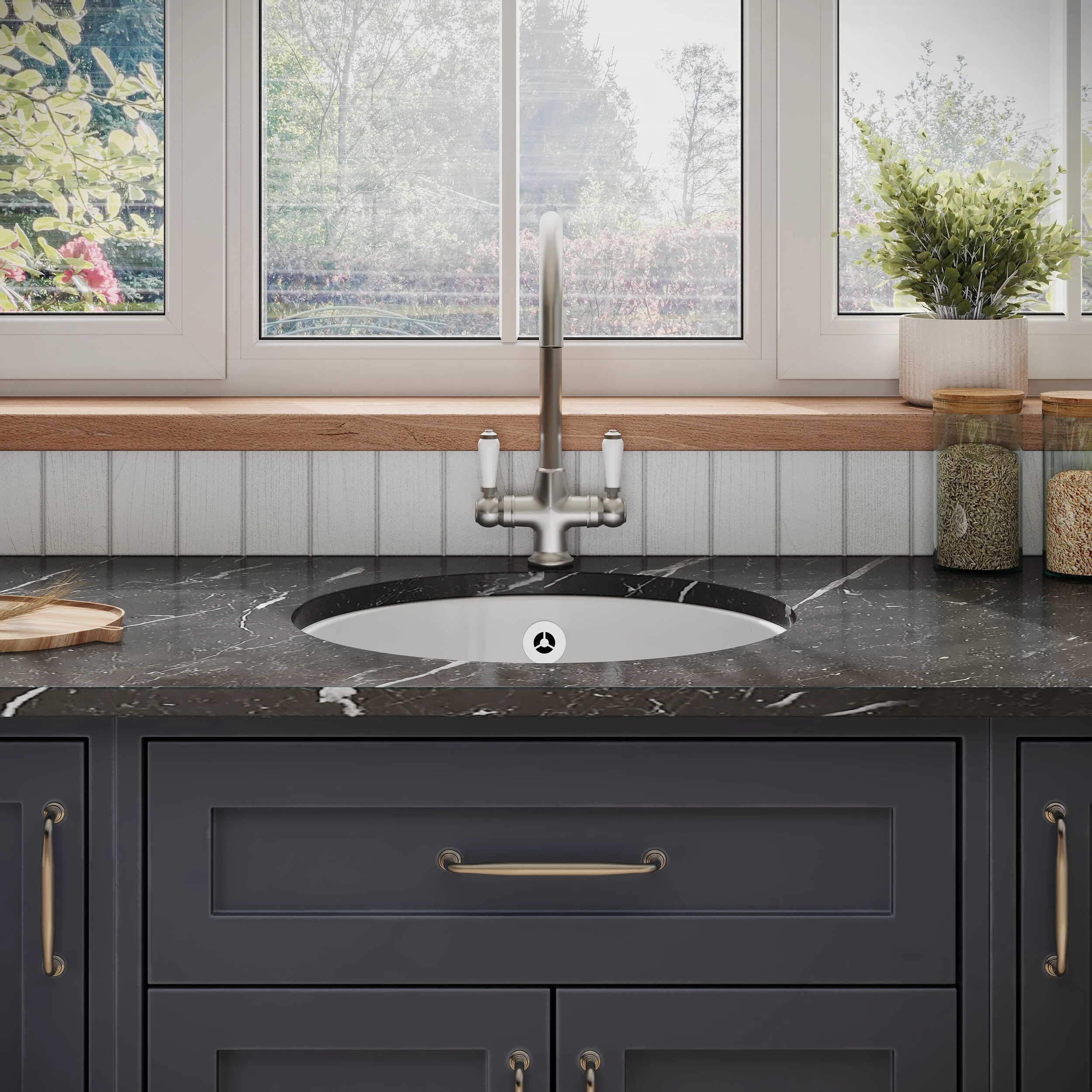 Fireclay Single Bowl Round Undermount Kitchen Sink, Central Waste Position & Overflow - 460mm - Multiple Colours Available - Image 3