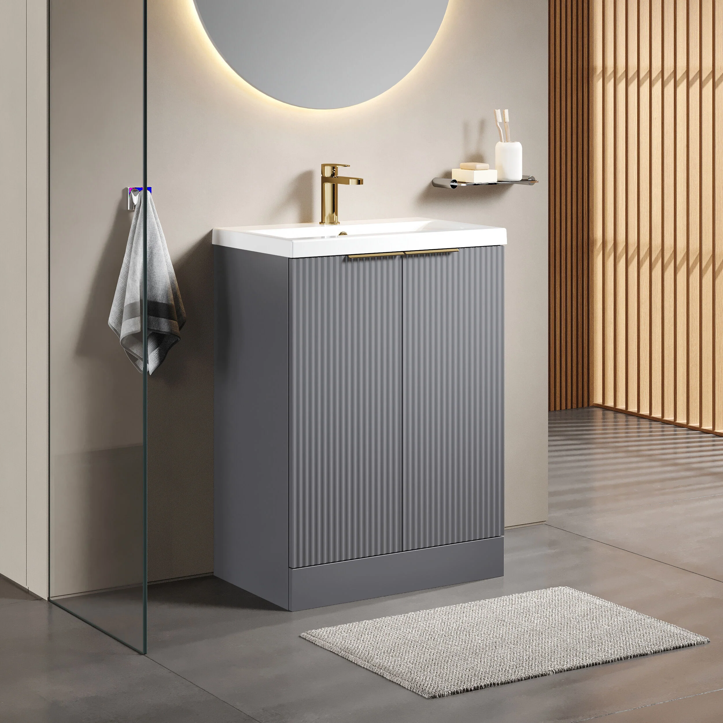 Tixall Fluted Front Floor Standing Vanity Basin Unit with Choice of Size, Colour and Handle Options - Image 93
