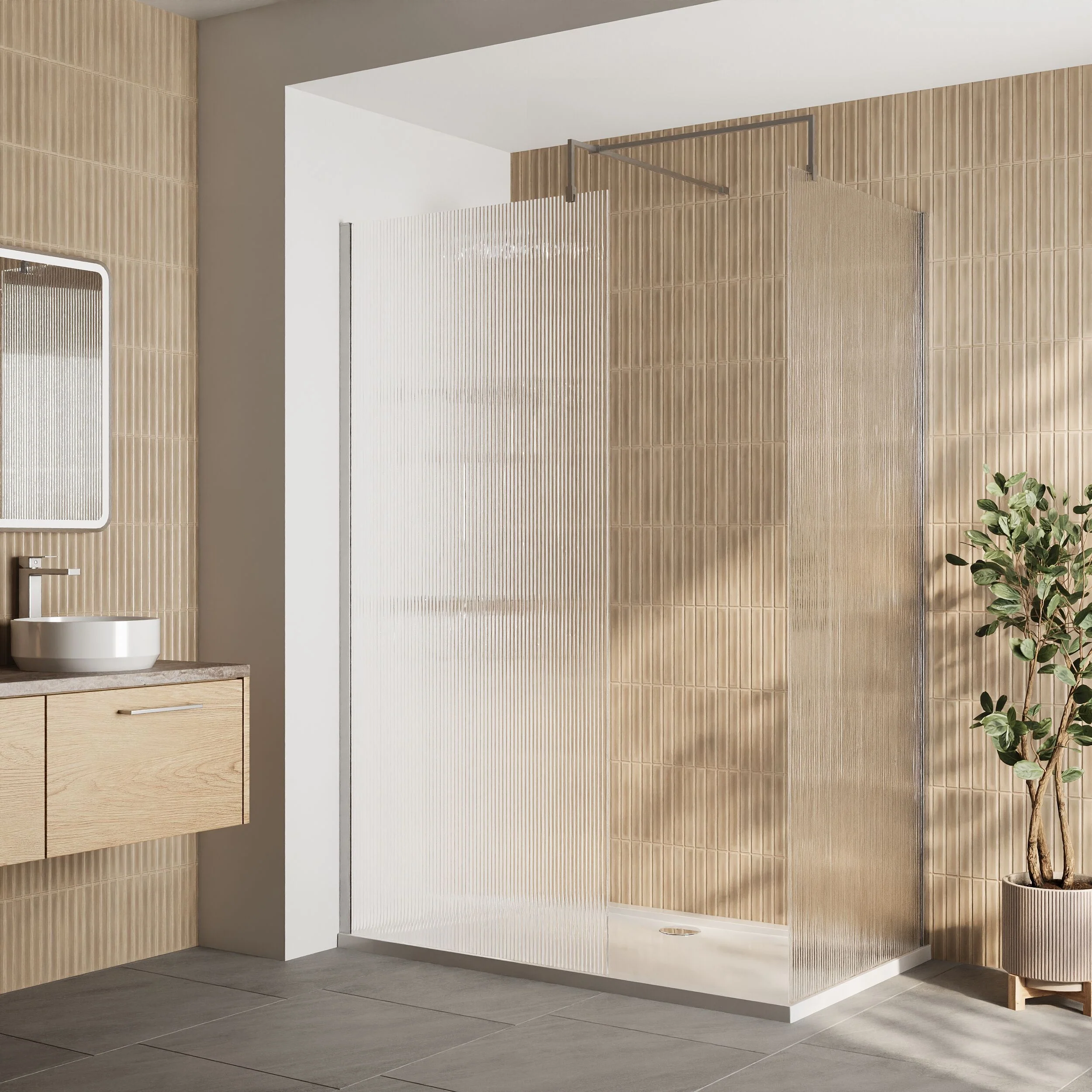Contemporary Fluted Glass Walk In Wetroom Screens and Shower Tray - Choice of Finish - Image 13