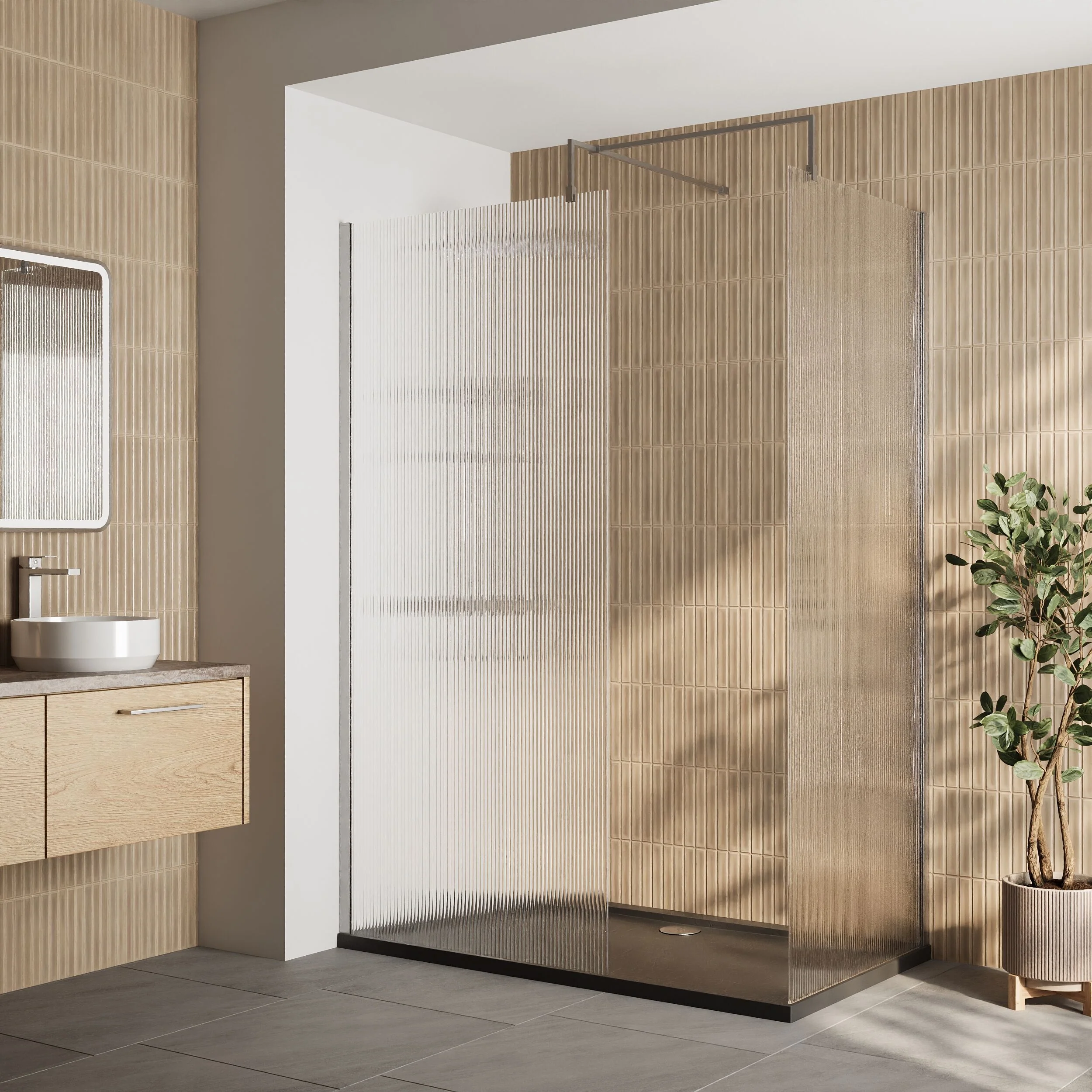 Contemporary Fluted Glass Walk In Wetroom Screens and Shower Tray - Choice of Finish - Image 18