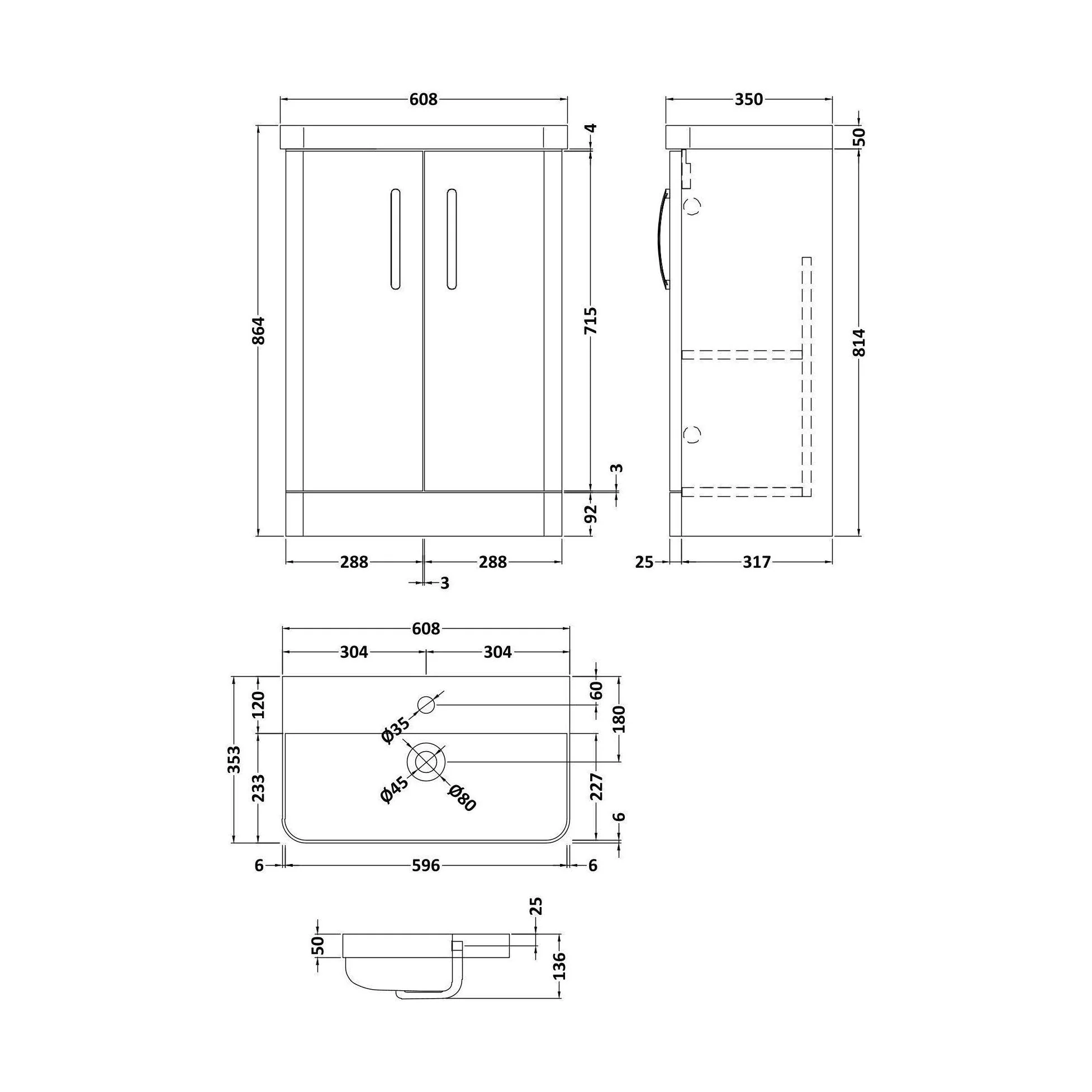 Handsacre Contemporary 2 Door Floor Standing Vanity Unit with Basin, Satin Blue, 600mm - Image 2