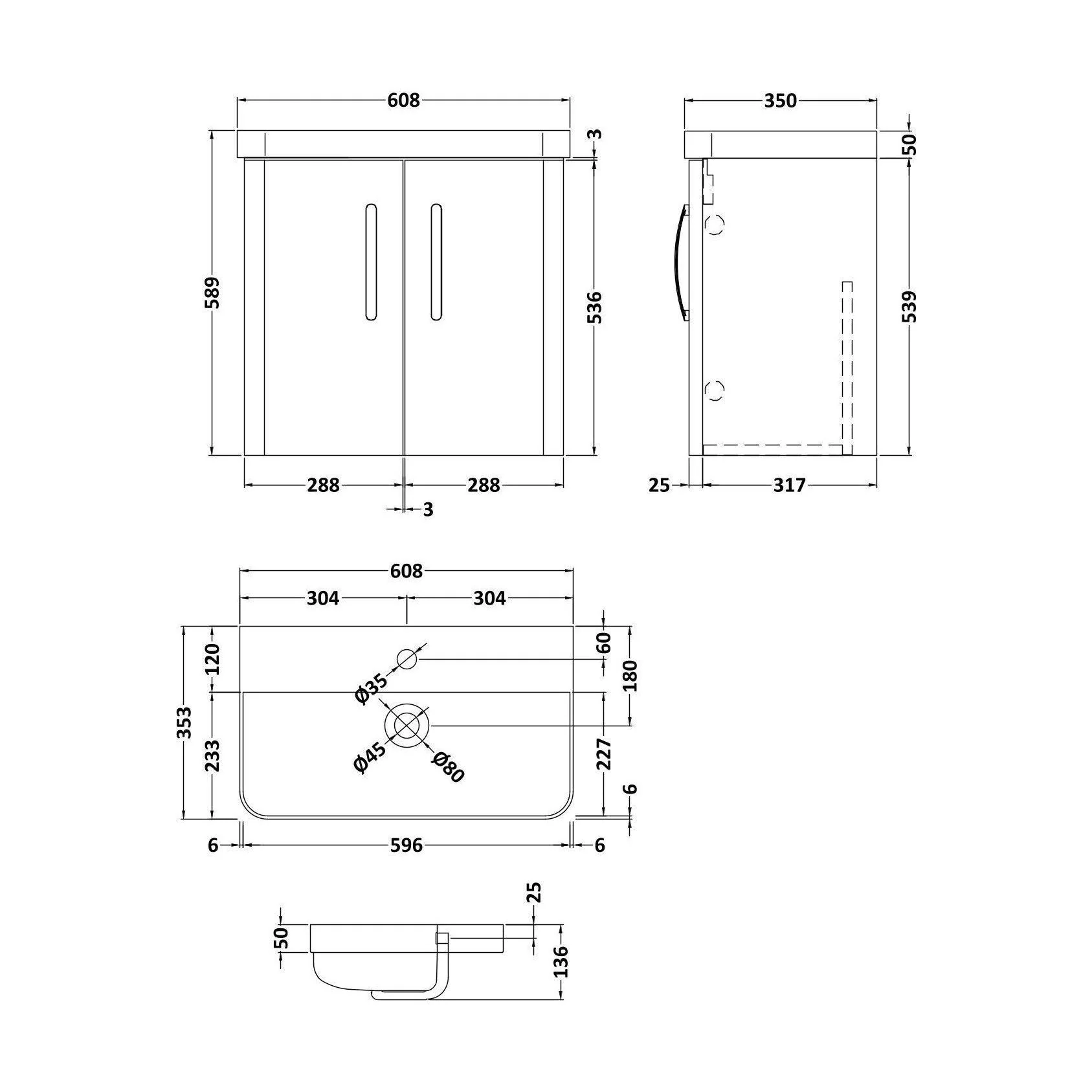 Handsacre Contemporary 2 Door Wall Hung Vanity Unit with Basin, Gloss White, 600mm - Image 2