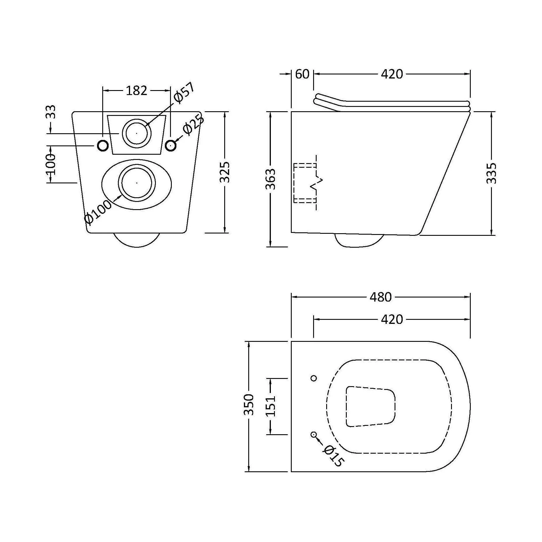 Hilderstone Contemporary Square Wall Hung Toilet Pan and Seat with Concealed Cistern and Flush Plate with Square Buttons - White/Black - Image 2