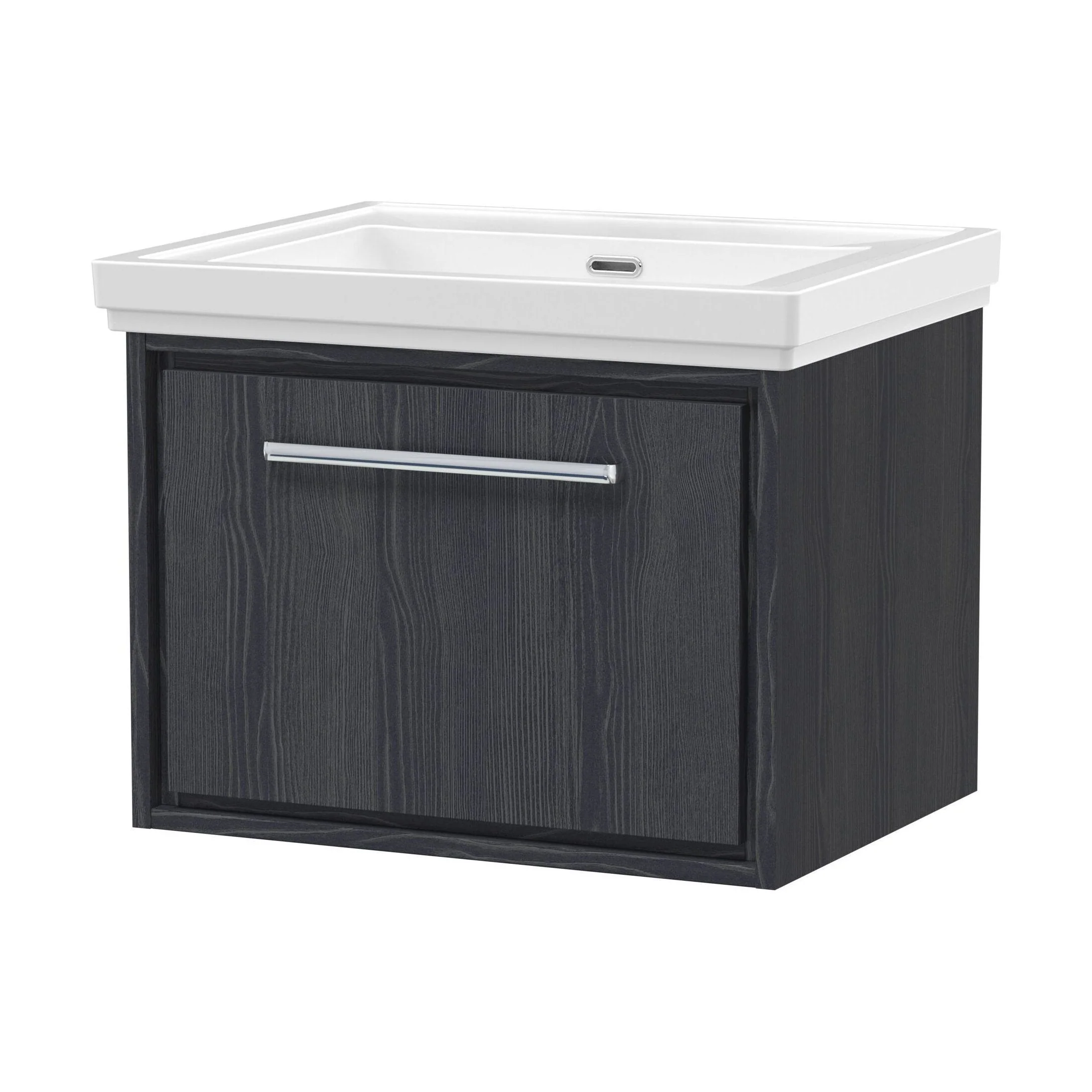 Longnor 1 Drawer Wall Hung Vanity Unit with 0 Tap Hole Traditional Fireclay Basin, Woodgrain Graphite Grey, 600mm