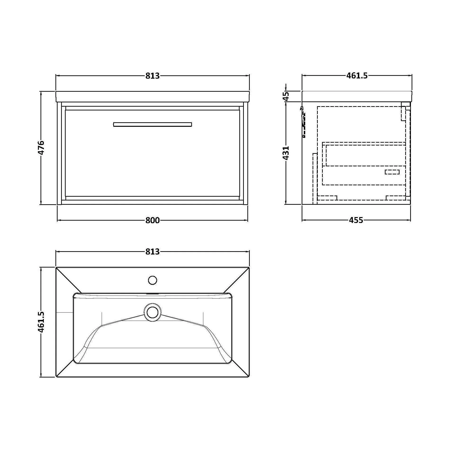 Longnor 1 Drawer Wall Hung Vanity Unit with 1 Tap Hole Modern Fireclay Basin, Light Oak, 800mm - Image 2