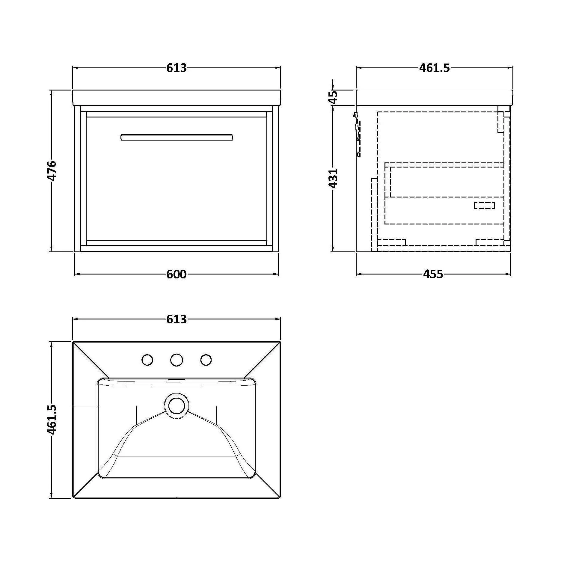 Longnor 1 Drawer Wall Hung Vanity Unit with 3 Tap Hole Modern Fireclay Basin, Antique Oak, 600mm - Image 2