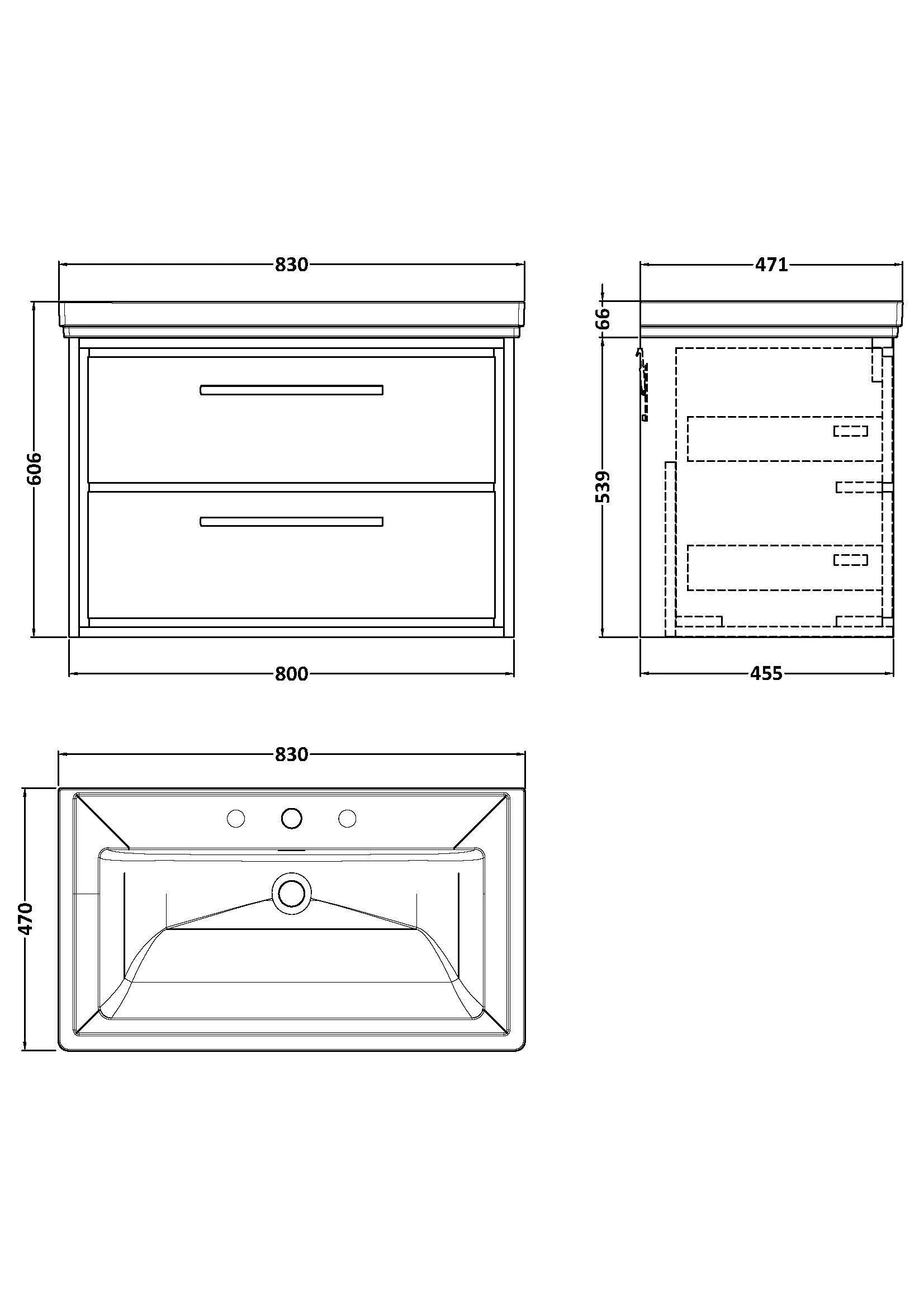 Longnor 2 Drawer Wall Hung Vanity Basin Unit with 3 Tap Hole Traditional Fireclay Basin, Choice of Size and Colour - Image 12
