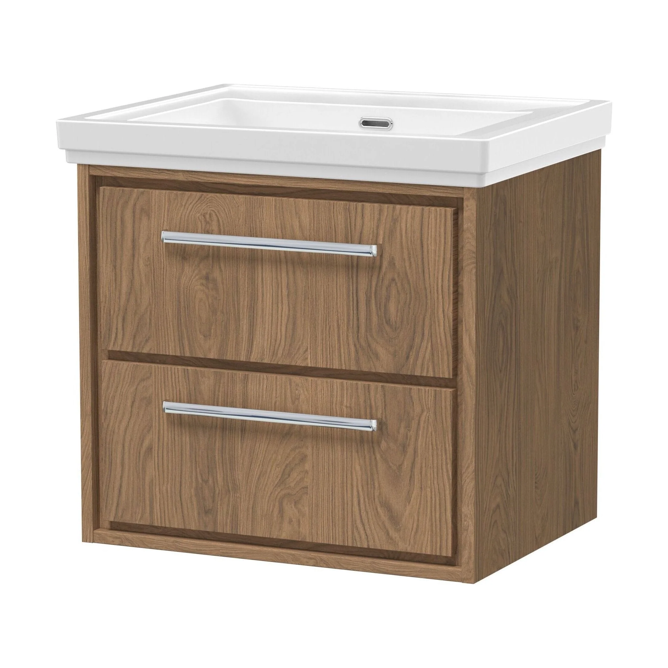 Longnor 2 Drawer Wall Hung Vanity Unit with 0 Tap Hole Traditional Fireclay Basin, Antique Oak, 600mm