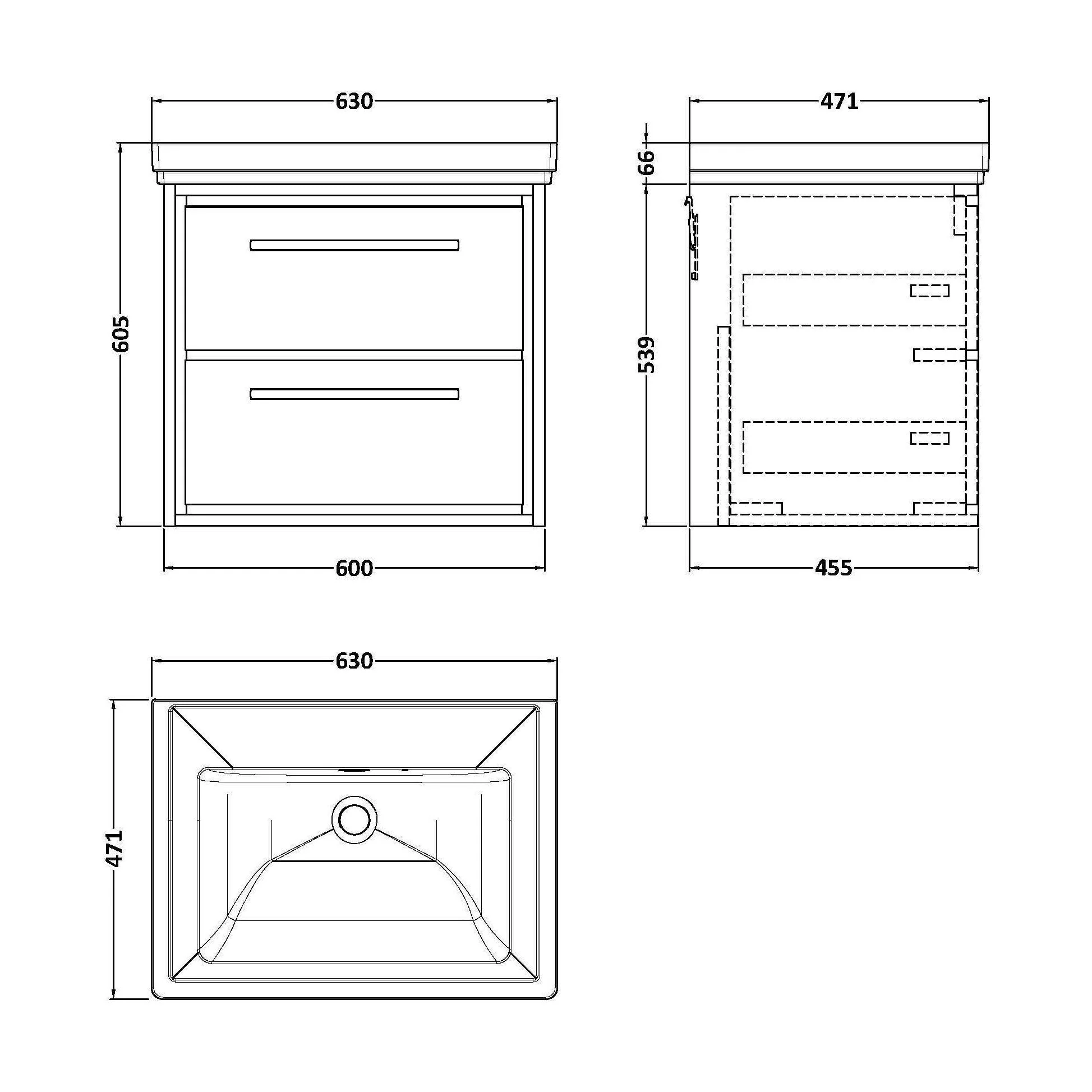 Longnor 2 Drawer Wall Hung Vanity Unit with 0 Tap Hole Traditional Fireclay Basin, Antique Oak, 600mm - Image 2