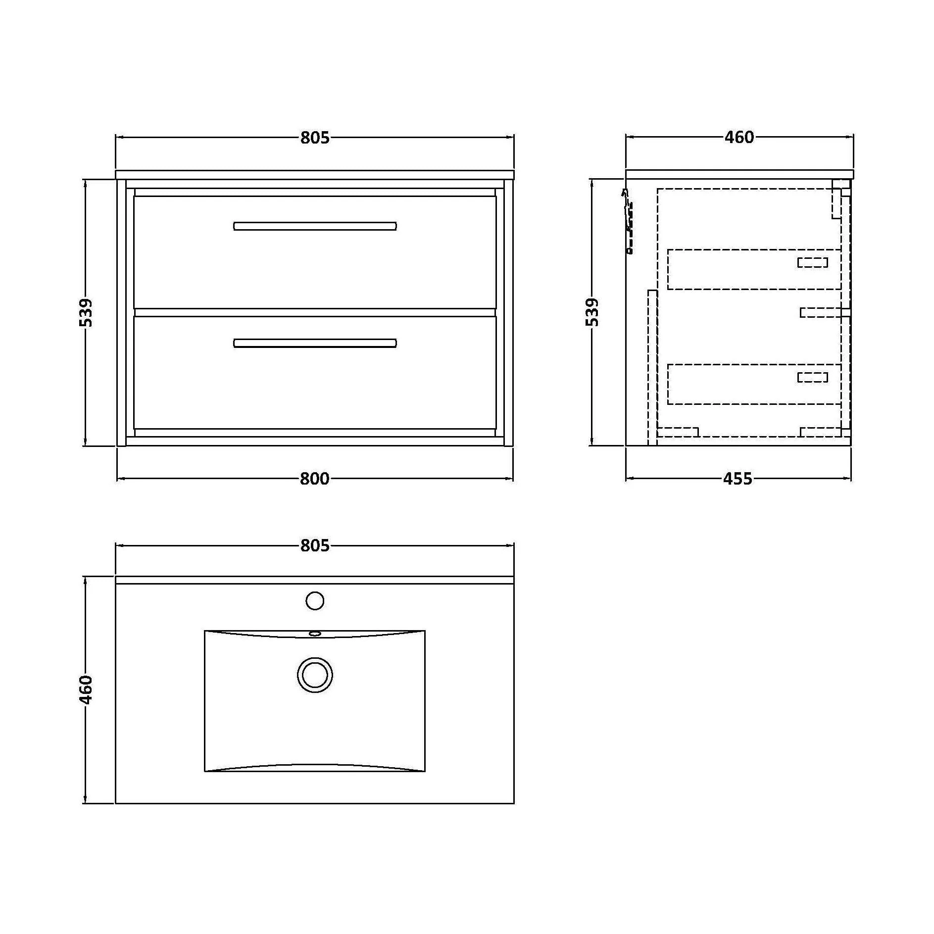 Longnor 2 Drawer Wall Hung Vanity Unit with 1 Tap Hole Minimalist Basin, Antique Oak, 800mm - Image 2