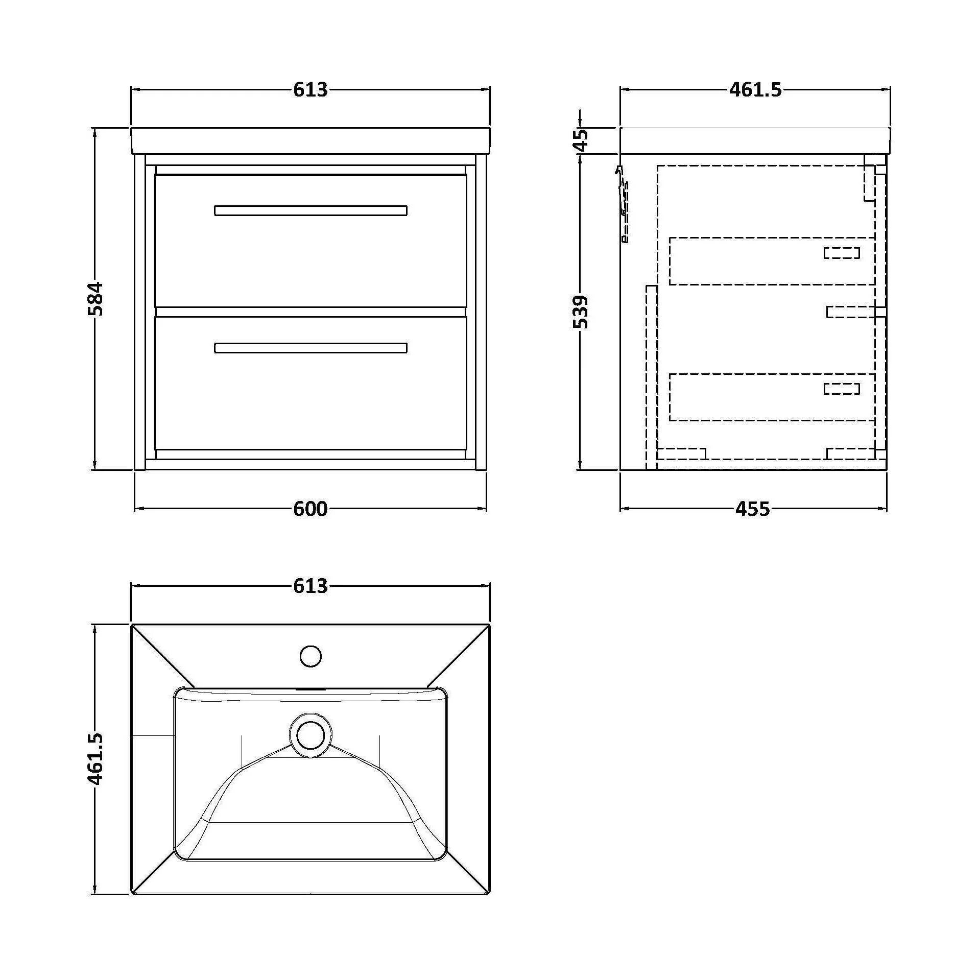Longnor 2 Drawer Wall Hung Vanity Unit with 1 Tap Hole Modern Fireclay Basin, Antique Oak, 600mm - Image 2