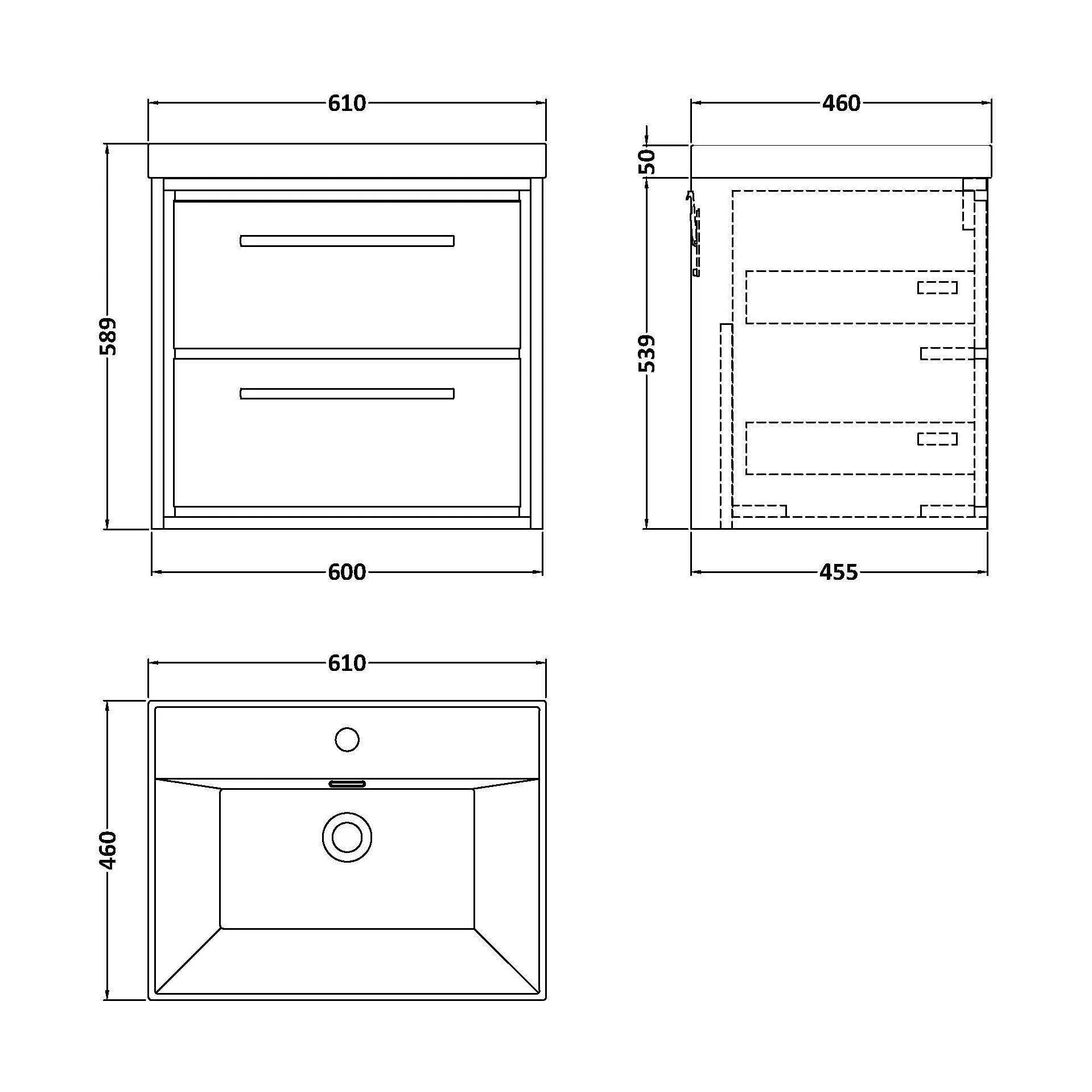 Longnor 2 Drawer Wall Hung Vanity Unit with 1 Tap Hole Thin Edge Basin, Light Oak, 600mm - Image 2