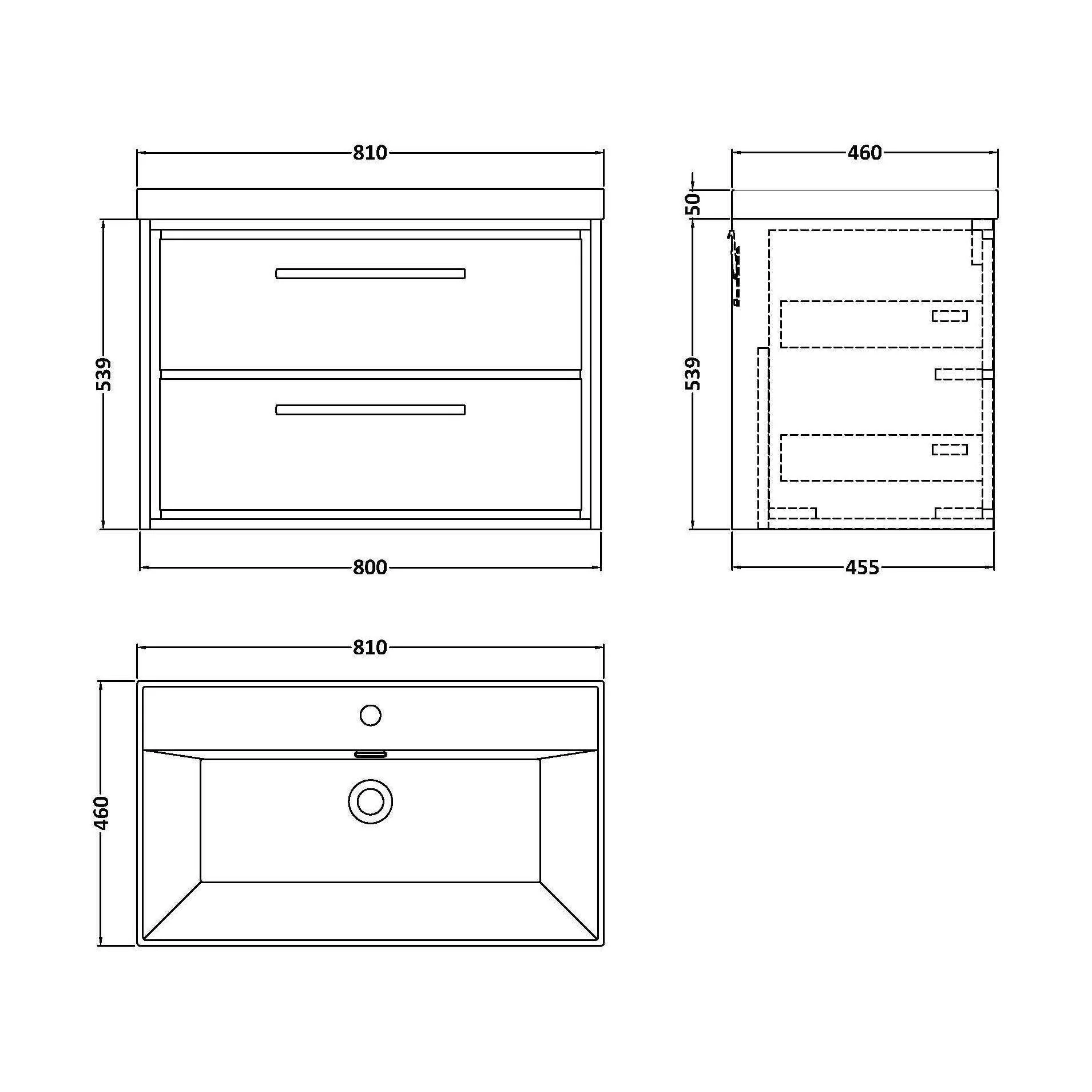 Longnor 2 Drawer Wall Hung Vanity Unit with 1 Tap Hole Thin Edge Basin, Woodgrain Graphite Grey, 800mm - Image 2