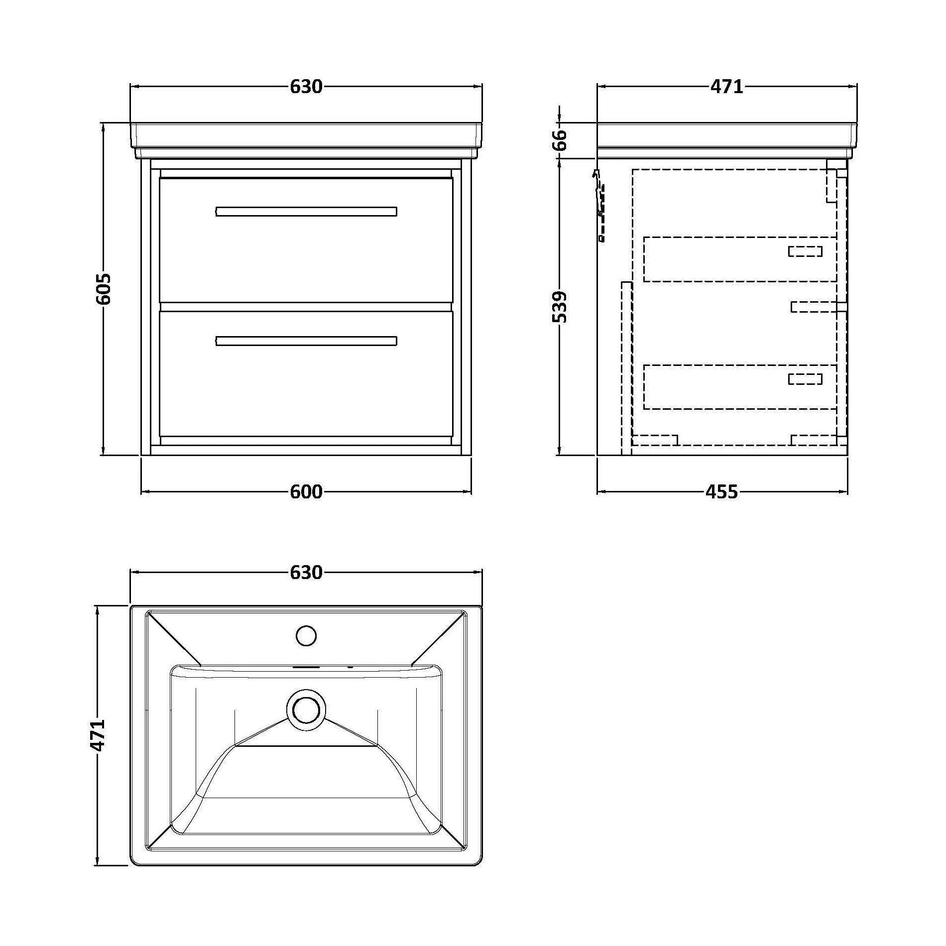 Longnor 2 Drawer Wall Hung Vanity Unit with 1 Tap Hole Traditional Fireclay Basin, Antique Oak, 600mm - Image 2
