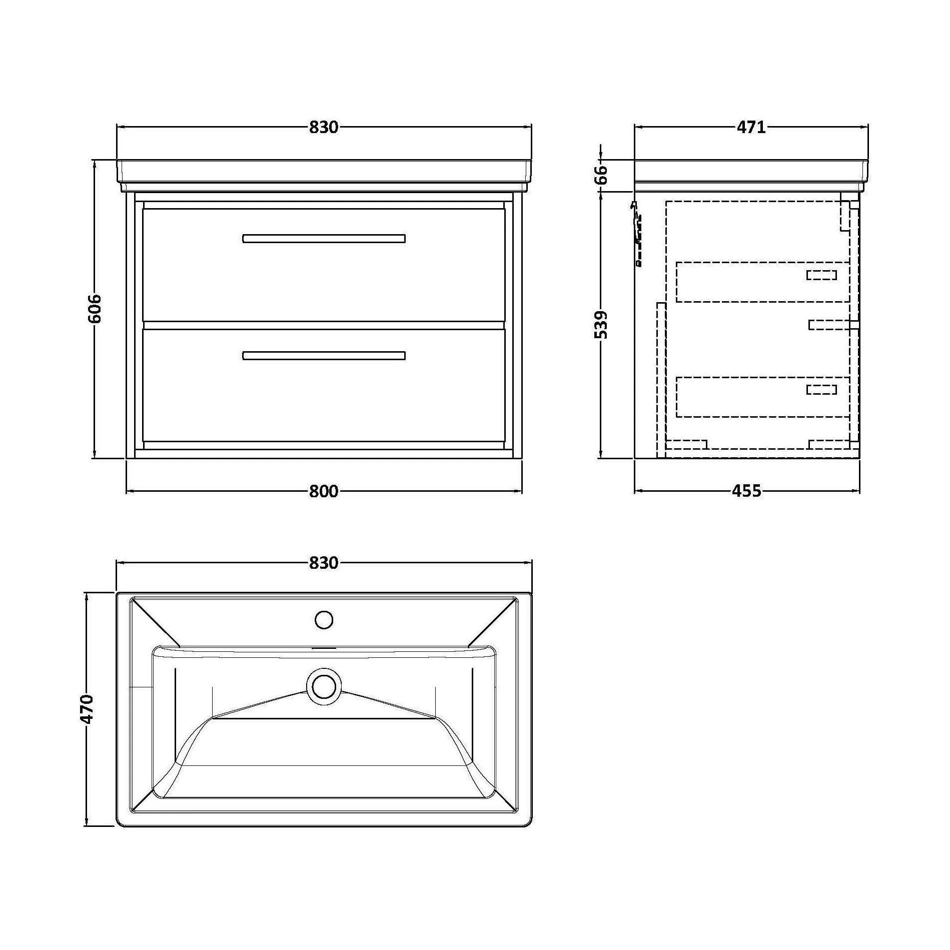 Longnor 2 Drawer Wall Hung Vanity Unit with 1 Tap Hole Traditional Fireclay Basin, Light Oak, 800mm - Image 2