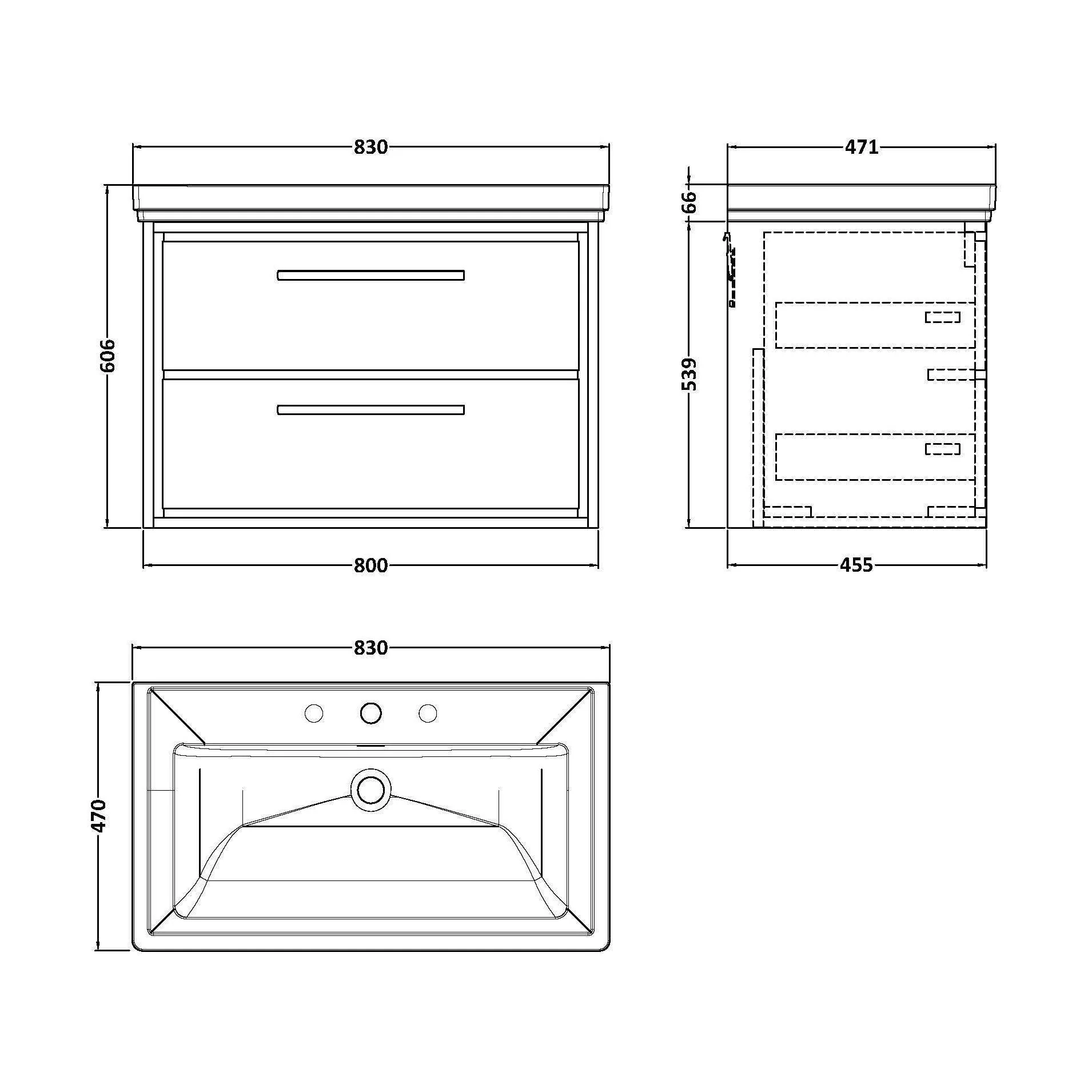 Longnor 2 Drawer Wall Hung Vanity Unit with 3 Tap Hole Traditional Fireclay Basin, Light Oak, 800mm - Image 2