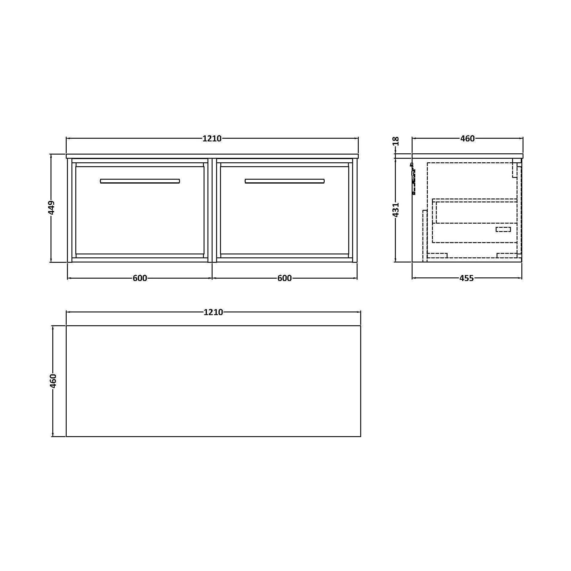 Longnor 2 Drawer Wall Hung Vanity Unit with White Marble Worktop, Woodgrain Graphite Grey, 1200mm - Image 2