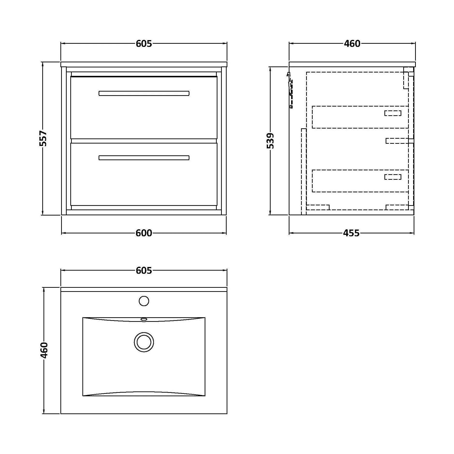 Longnor Modern Wall Hung 2 Drawer Vanity Basin Unit with Minimalist Basin, Choice of Size and Colour - Image 3