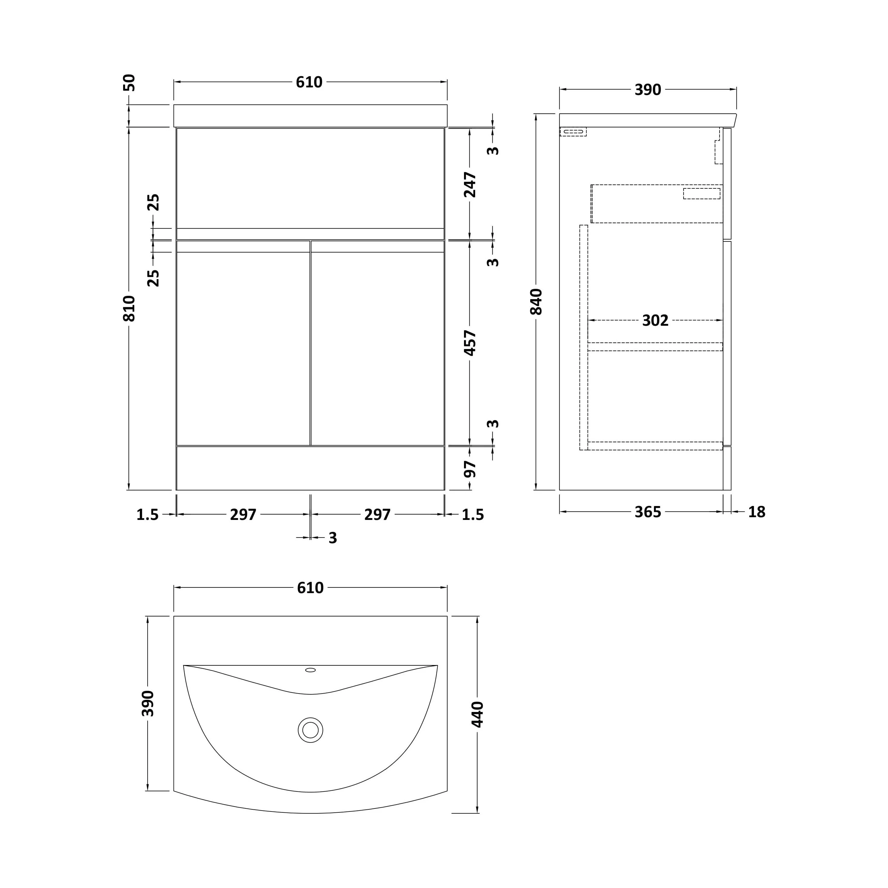 Mavesyn Contemporary 2 Door 1 Drawer Floor Standing Vanity Unit with Curved Basin, Dark Blue, 600mm - Image 2