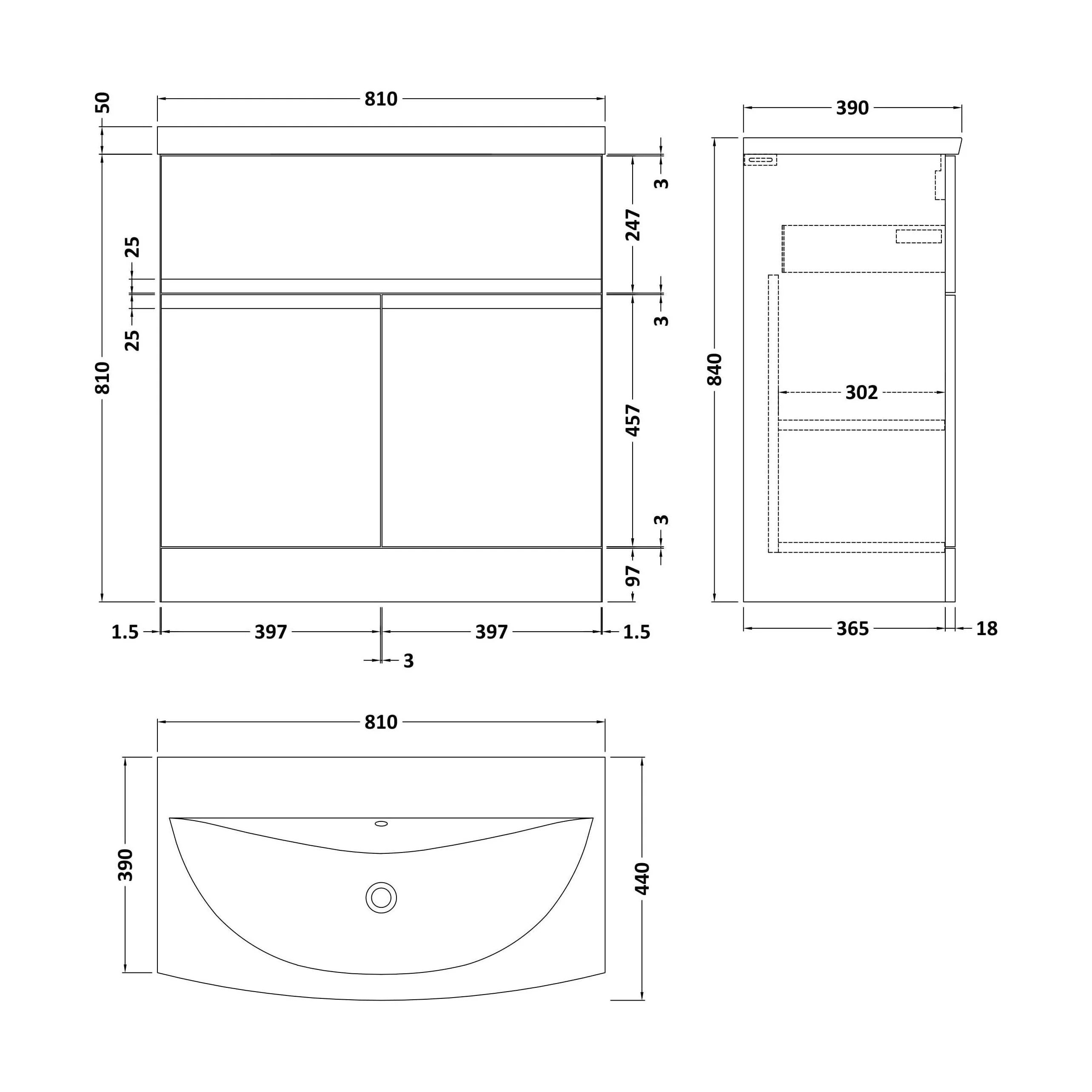 Mavesyn Contemporary 2 Door 1 Drawer Floor Standing Vanity Unit with Curved Basin, Satin White, 800mm - Image 2