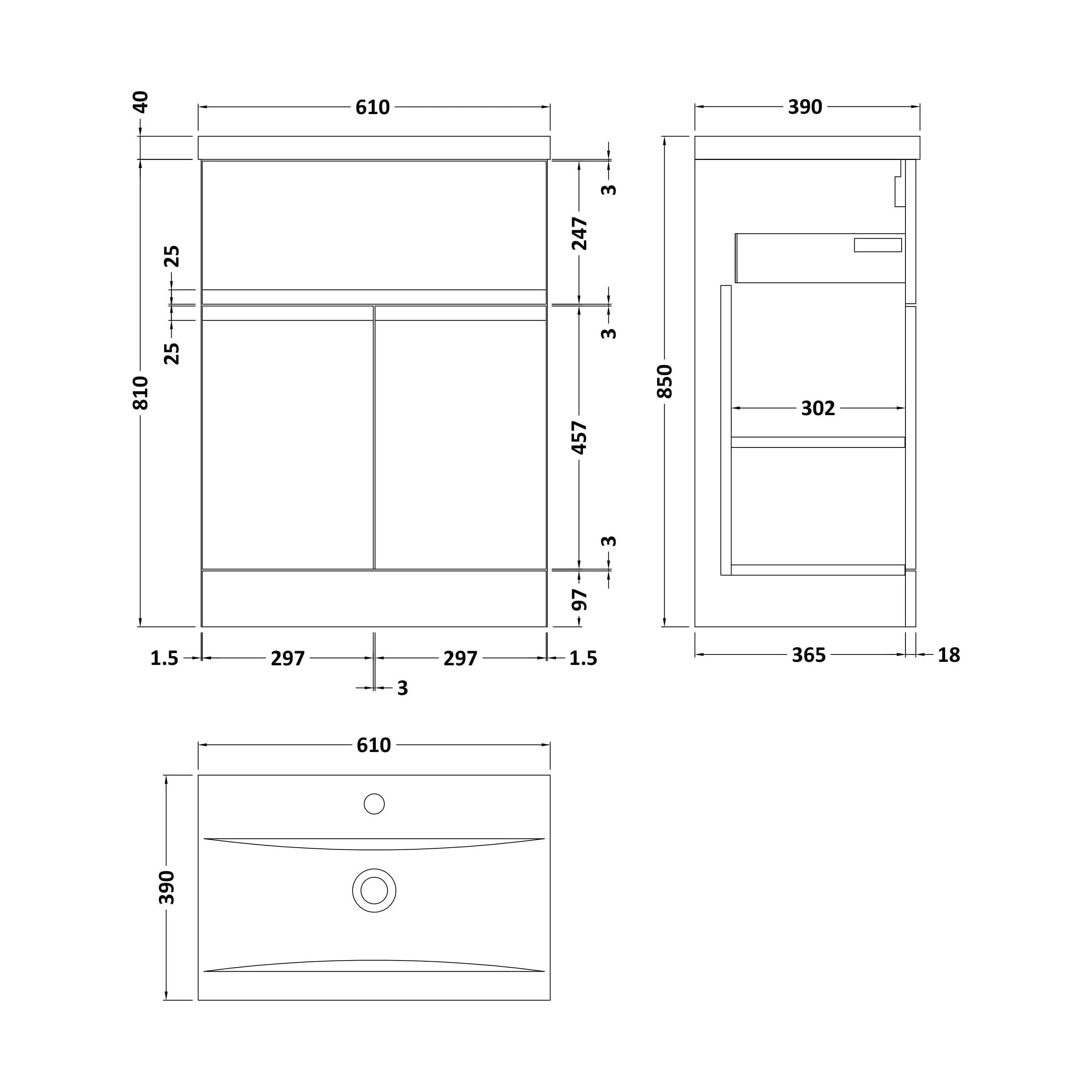 Mavesyn Contemporary 2 Door 1 Drawer Floor Standing Vanity Unit with Mid-Edge Basin, Satin White, 600mm - Image 2