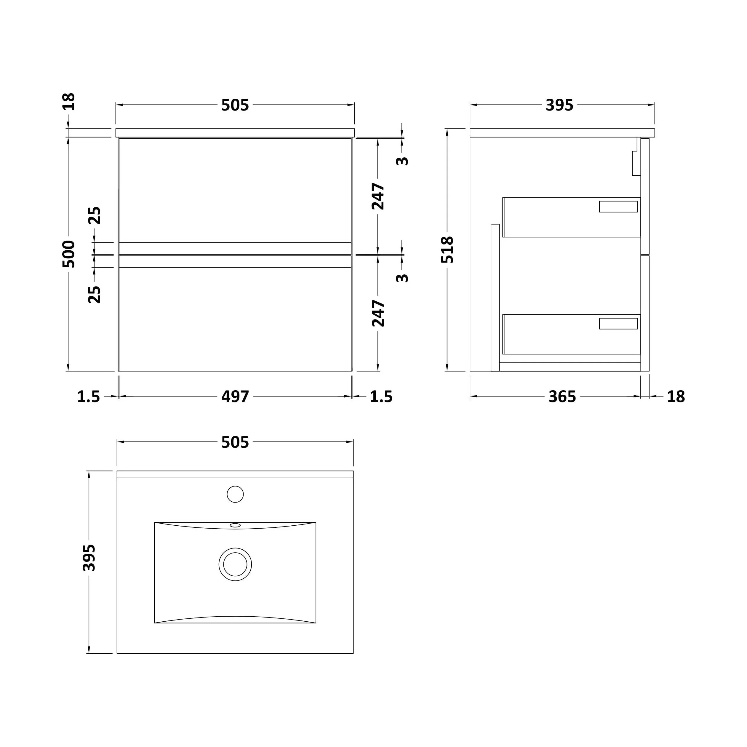 Mavesyn Contemporary 2 Drawer Wall Hung Vanity Unit with Minimalist Basin, Satin Grey, 500mm - Image 2