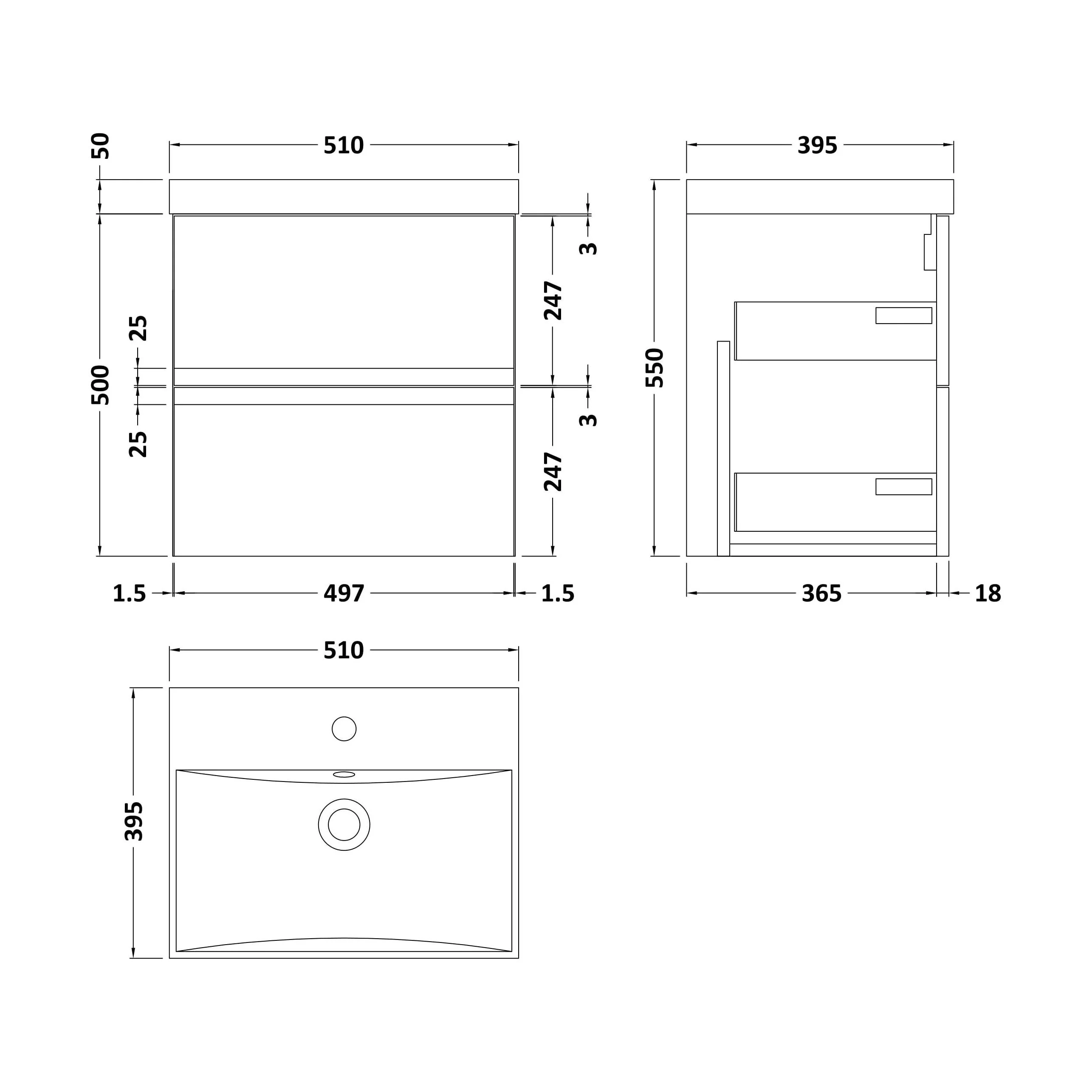Mavesyn Contemporary 2 Drawer Wall Hung Vanity Unit with Thin Edge Basin, Satin Grey, 500mm - Image 2