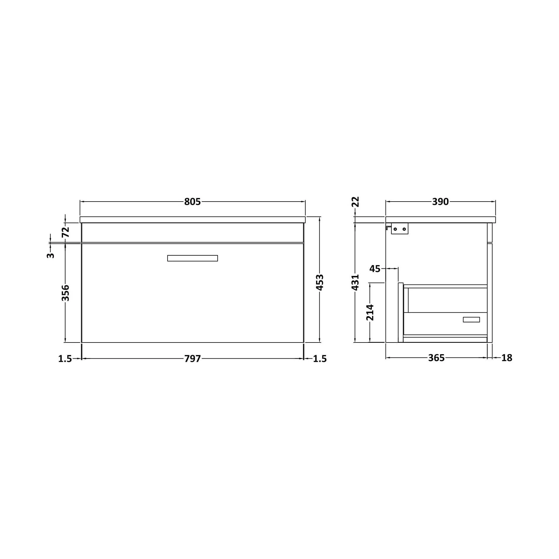 Millwich Contemporary 1 Drawer Wall Hung Vanity Unit with Laminate Black Galaxy Granite Worktop, 800mm - Image 2
