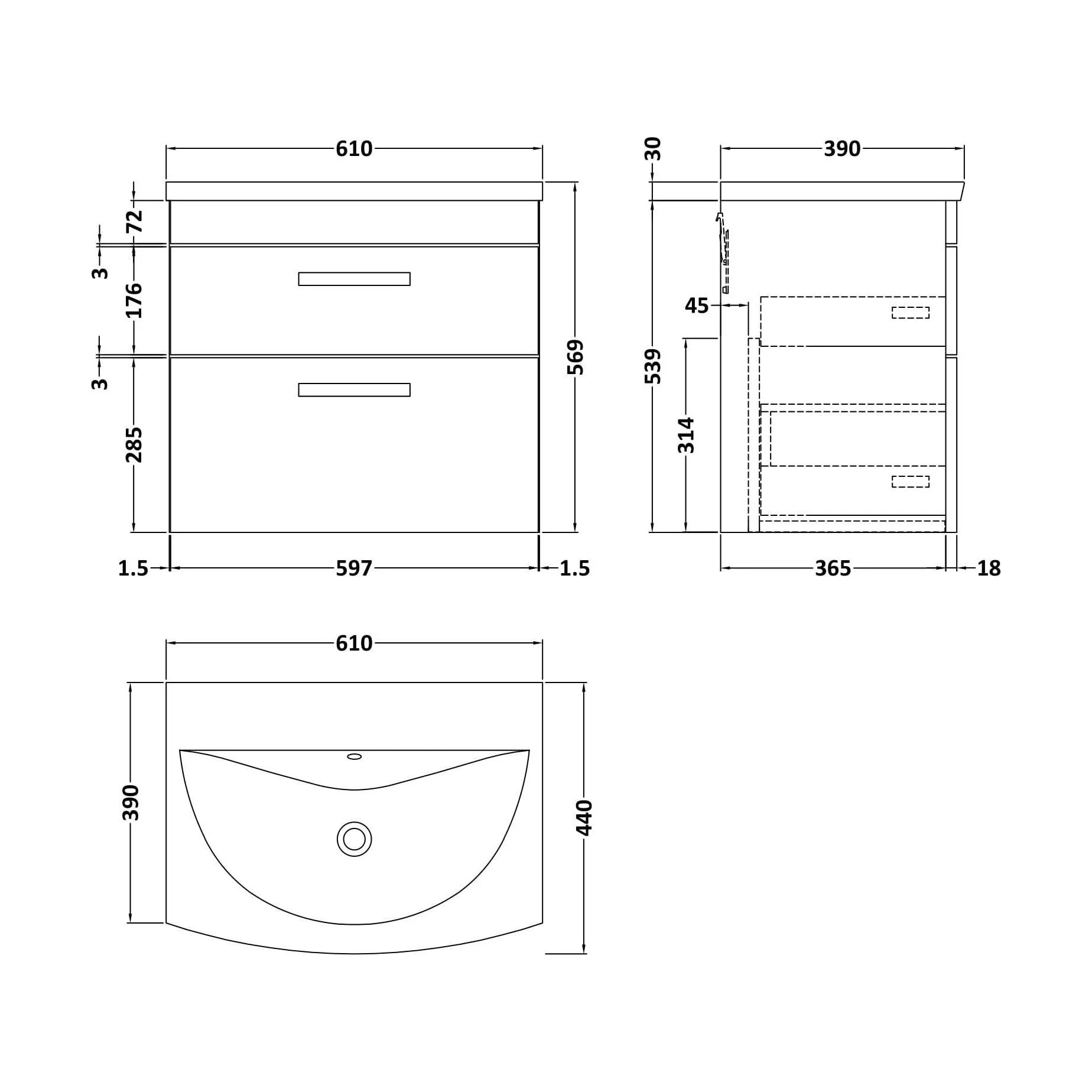 Millwich Contemporary 2 Drawer Wall Hung Vanity Unit with Curved Basin, Charcoal Black, 600mm - Image 2