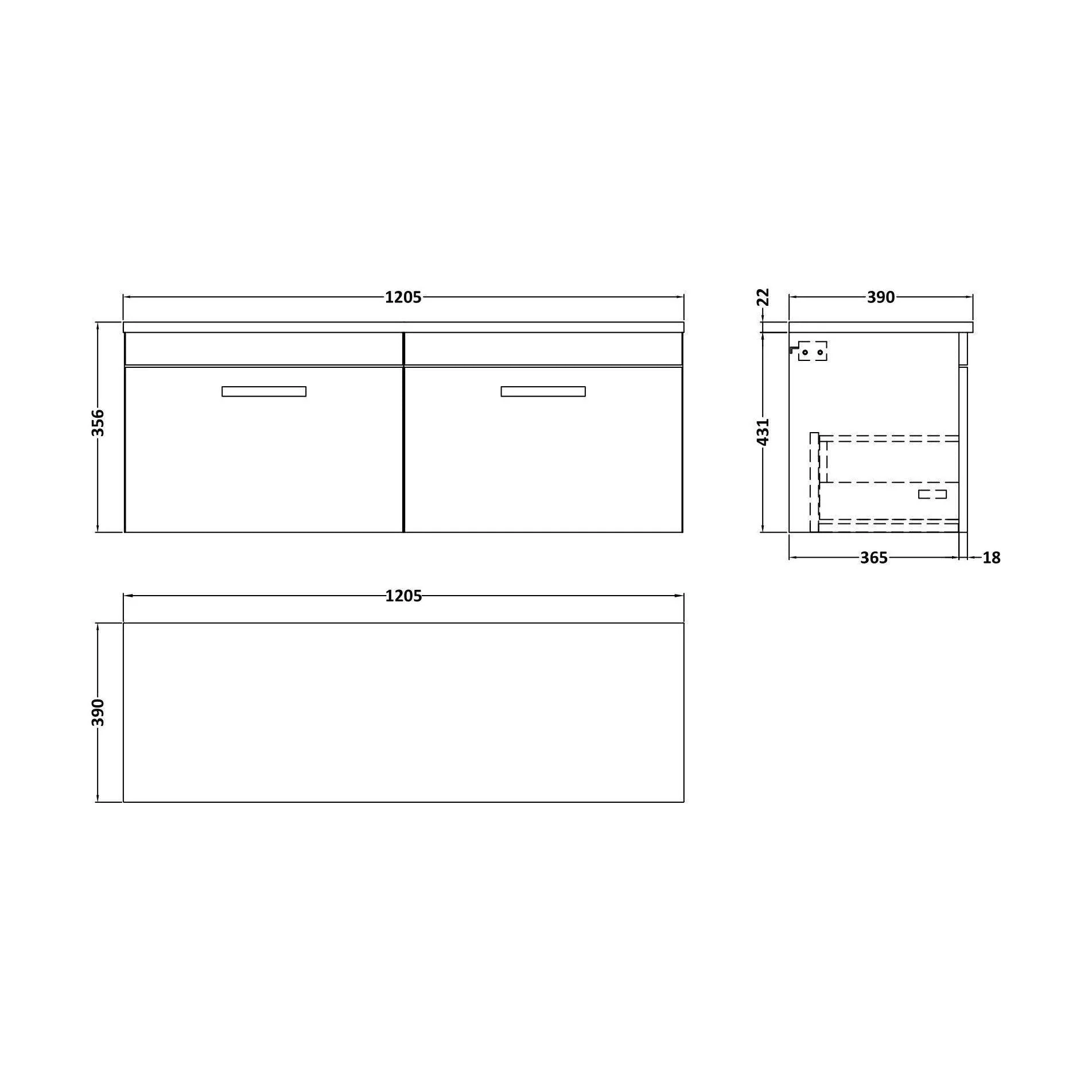 Millwich Contemporary 2 Drawer Wall Hung Vanity Unit with Laminate Black Galaxy Granite Worktop, Anthracite Woodgrain, 1200mm - Image 2