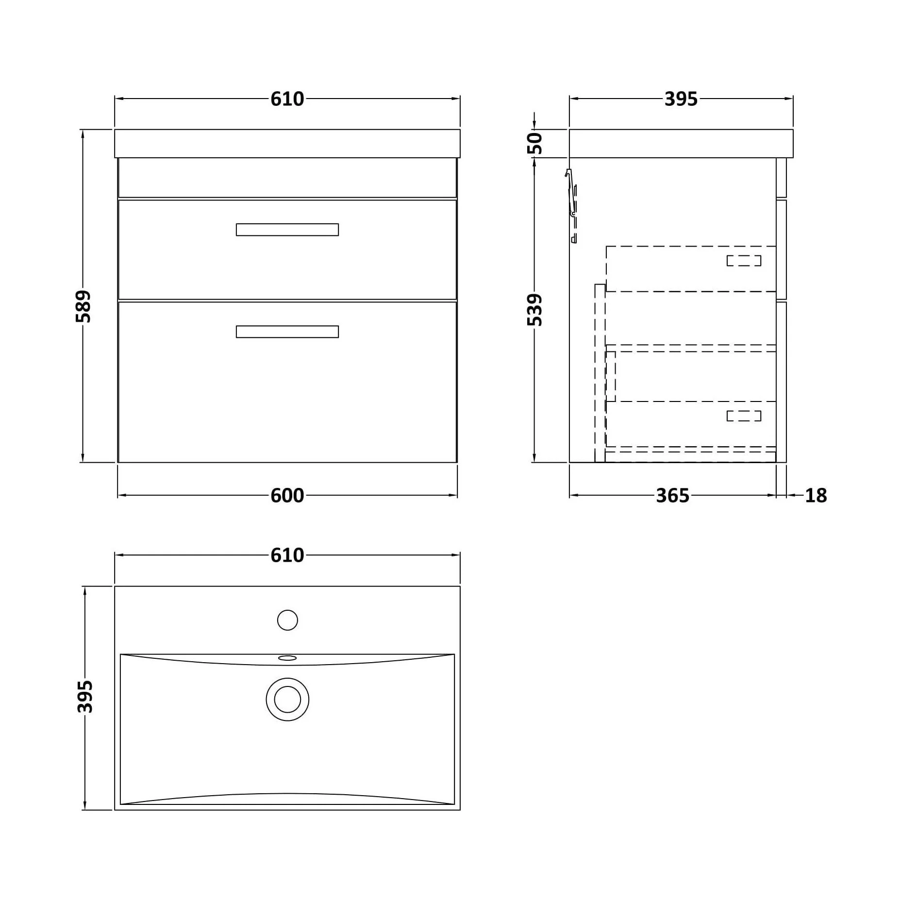 Millwich Contemporary 2 Drawer Wall Hung Vanity Unit with Thin Edge Basin, Anthracite Woodgrain, 600mm - Image 2