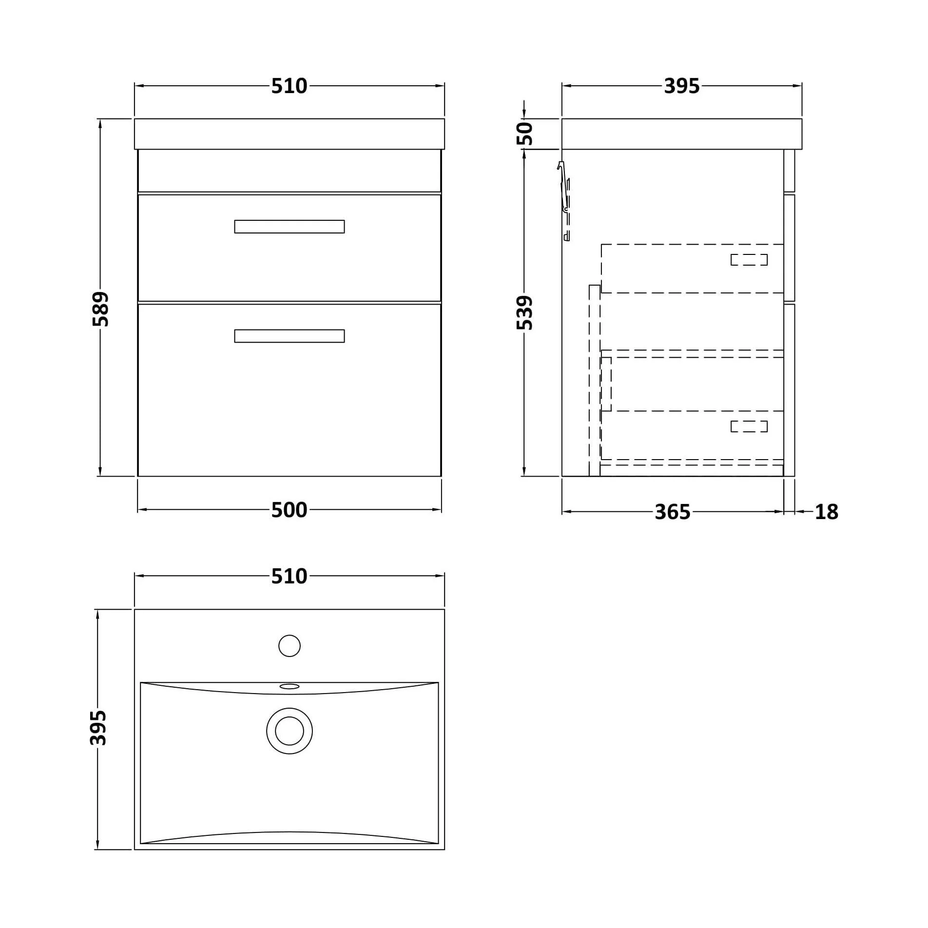 Millwich Contemporary 2 Drawer Wall Hung Vanity Unit with Thin Edge Basin, Gloss White, 500mm - Image 2