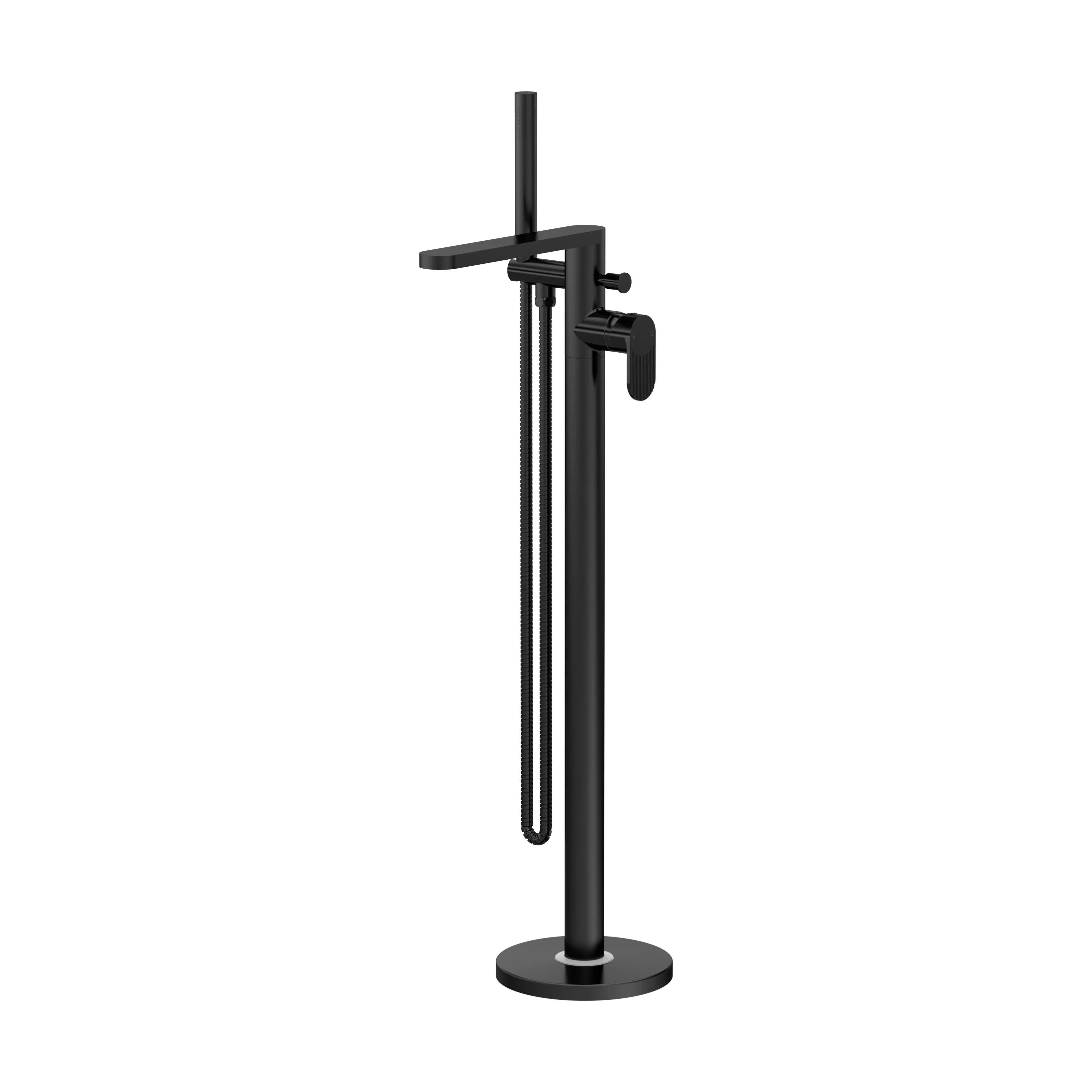 Modern Freestanding Round Bath Shower Mixer Tap with Fluted Lever Handle and Kit - Matt Black