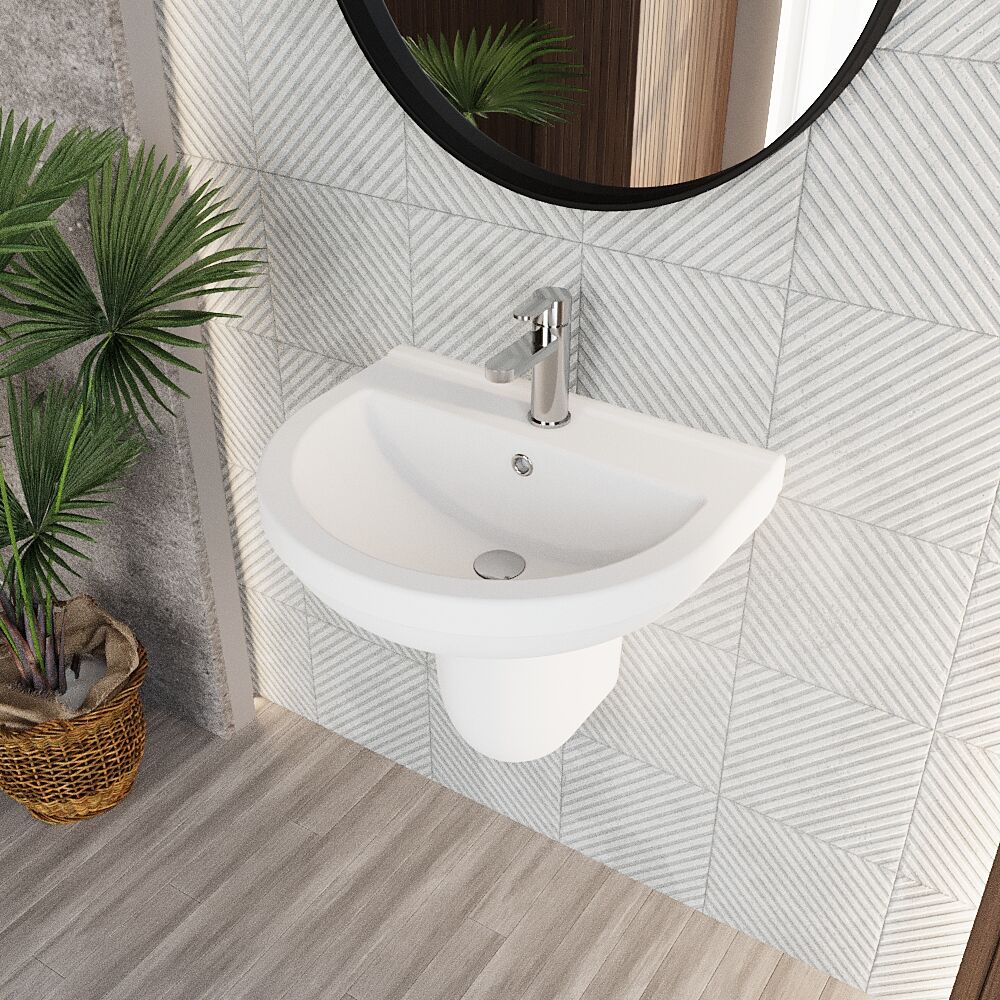 Churnet Modern White Soft Round Semi Pedestal Bathroom Basin - 1 or 2 Tap Hole (555mm) - Image 5