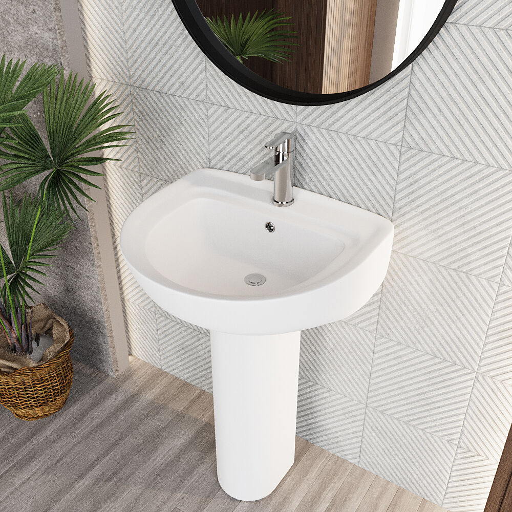 Anslow Round Ceramic Bathroom Basin and Full Pedestal - 550mm - Image 4