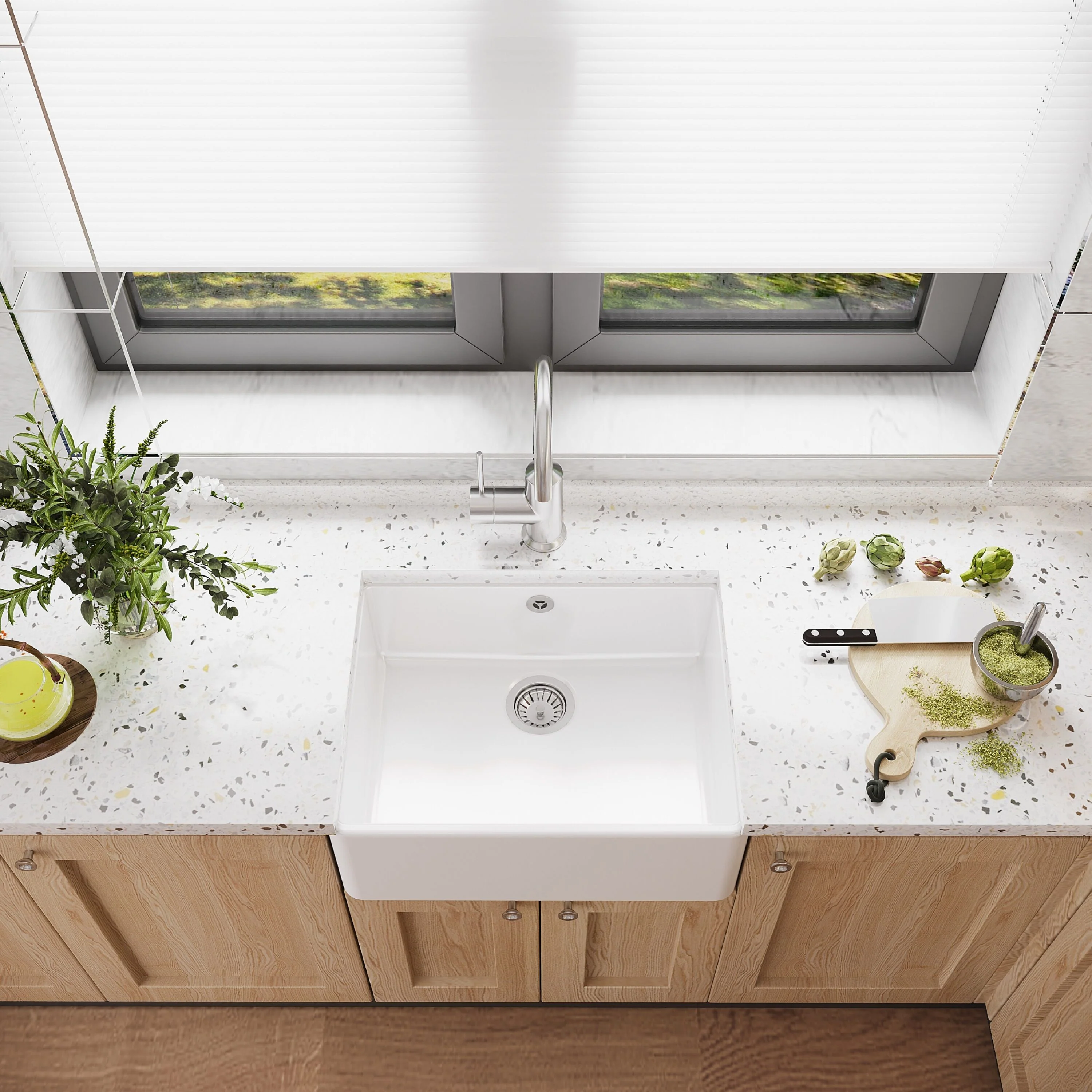 Single Bowl Fireclay Ceramic Butler Kitchen Sink with Chrome Basket Strainer Waste with Overflow - 595mm - Image 3